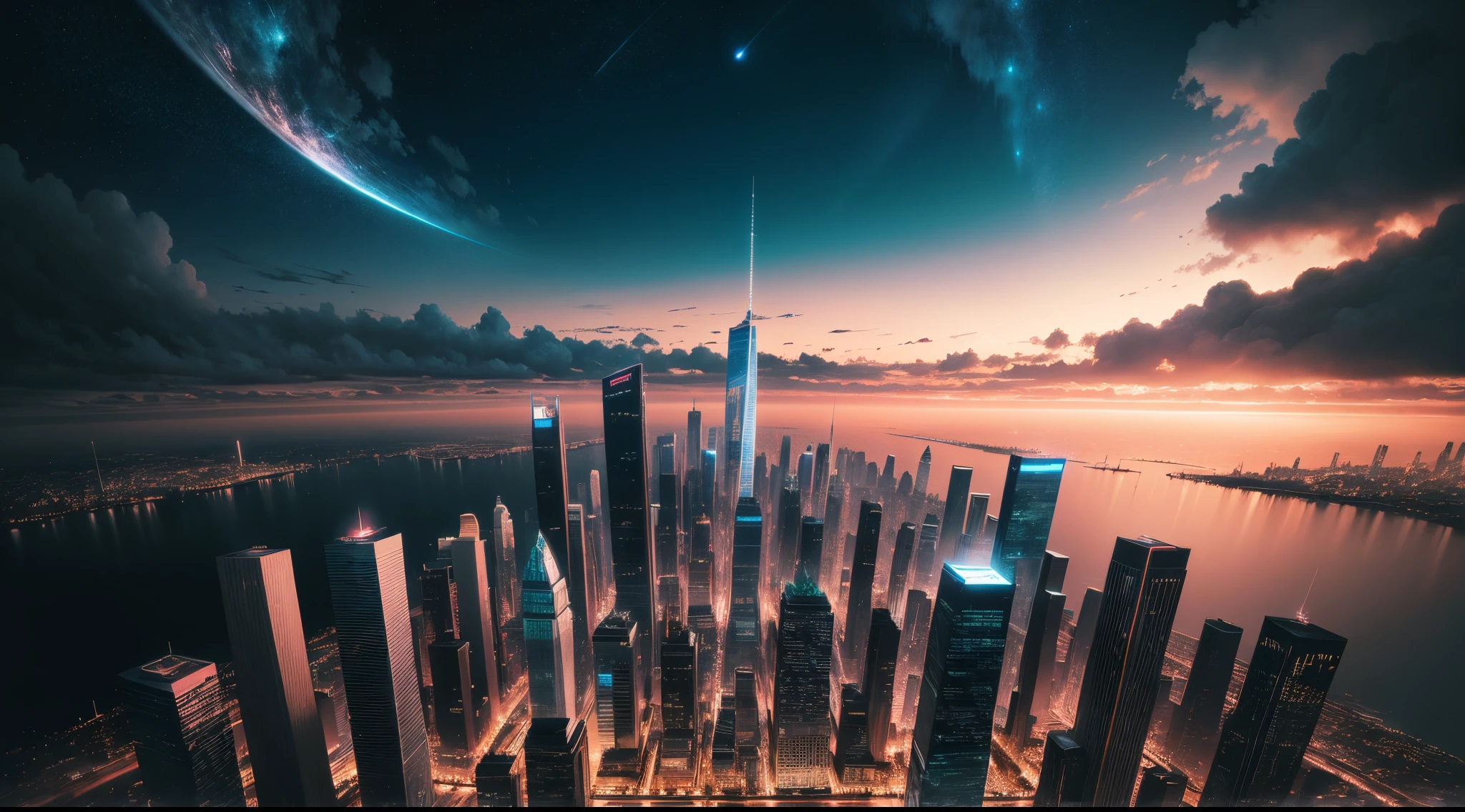 nigh sky, Surreal, unreality, skylines, skyscrapper, Background with, absurd res, A high resolution, Super sharp, 8K, tmasterpiece