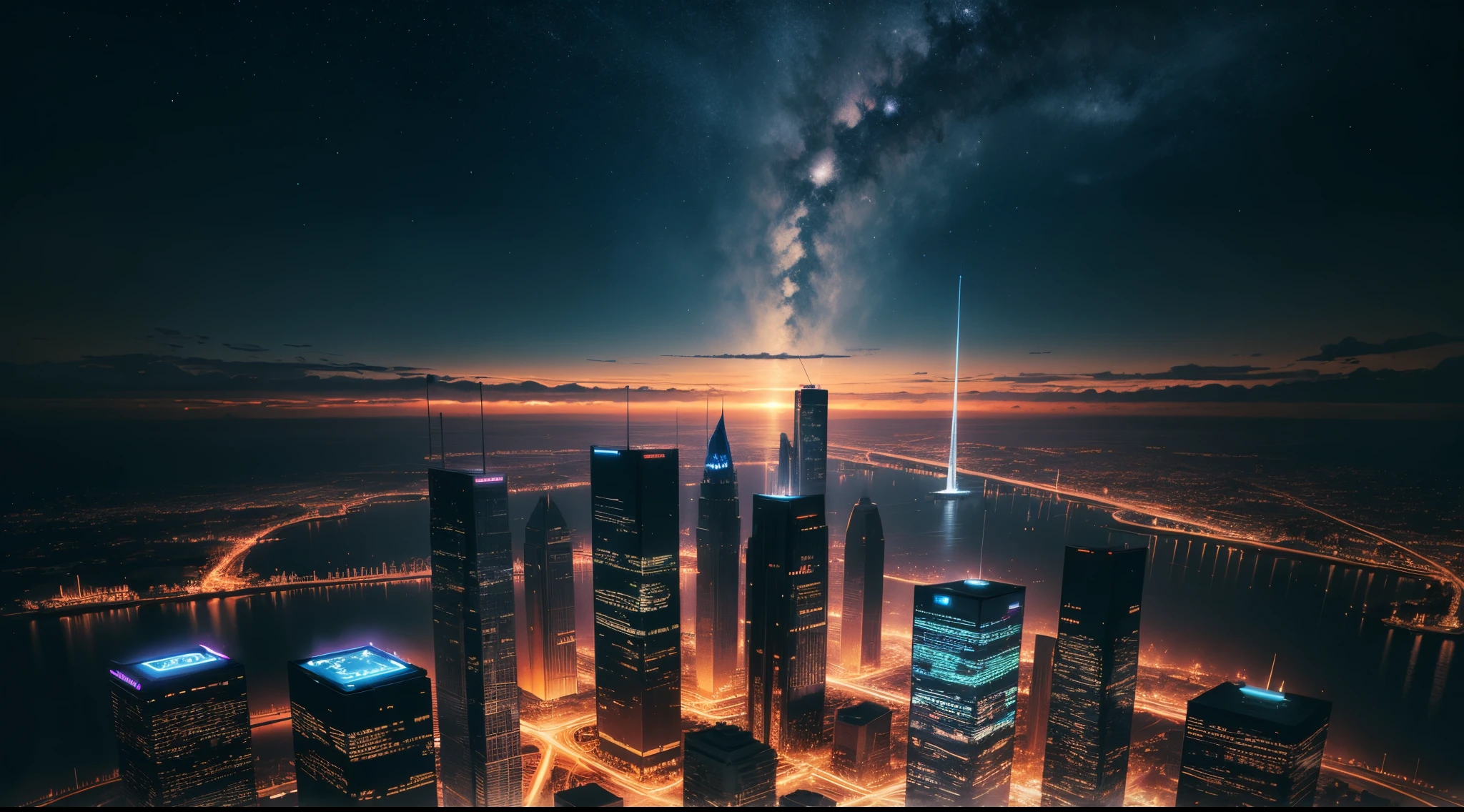 nigh sky, Surreal, unreality, skylines, skyscrapper, Background with, absurd res, A high resolution, Super sharp, 8K, tmasterpiece