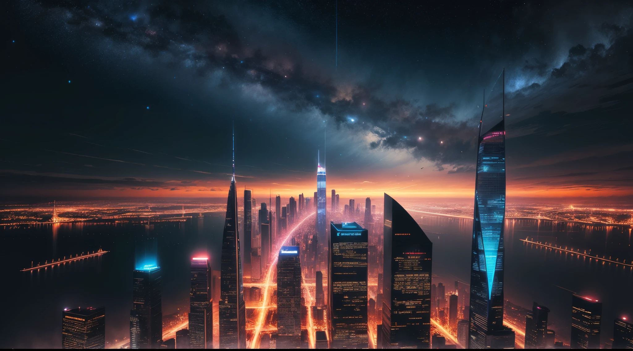 nigh sky, Surreal, unreality, skylines, skyscrapper, Background with, absurd res, A high resolution, Super sharp, 8K, tmasterpiece
