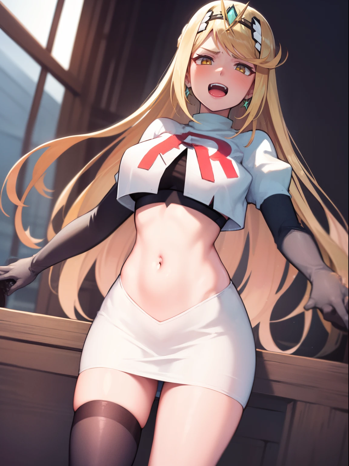 mythra \(xenoblade\), blond hair, yellow eyes, team rocket uniform, red letter R, white skirt,white crop top,black thigh-high boots, black elbow gloves, evil laugh,