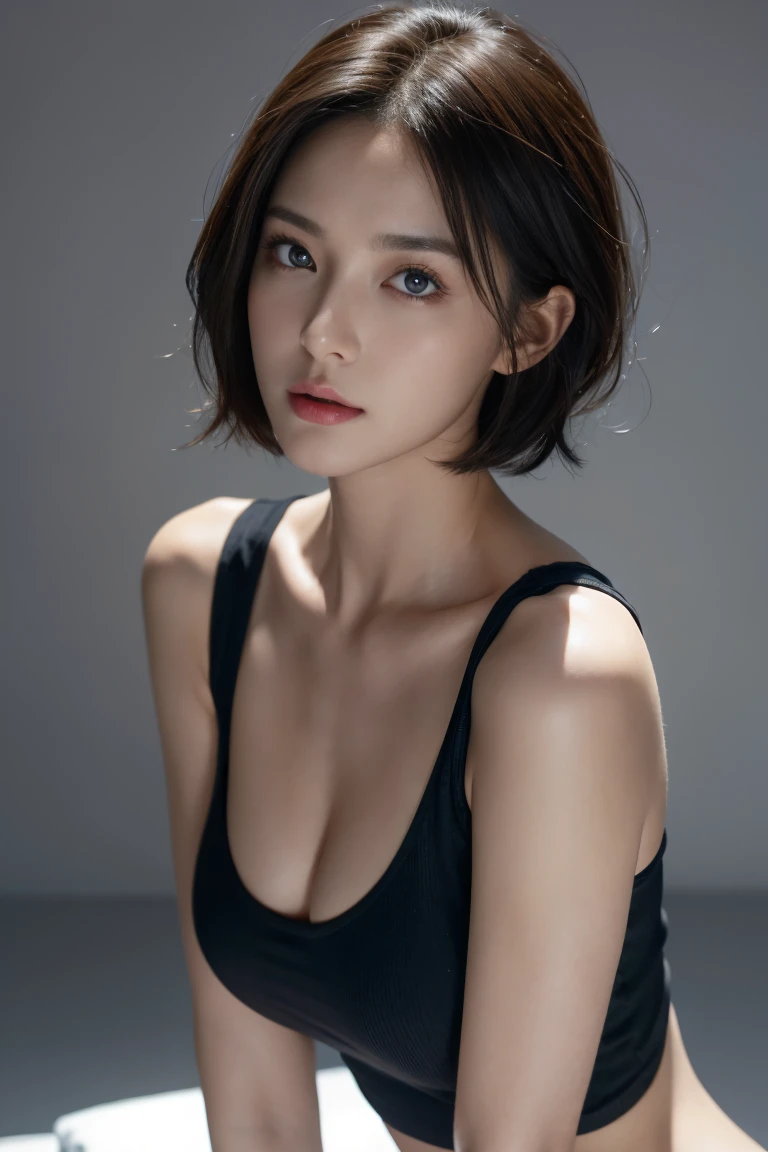 Skin Tight Black Top:1.2, Looking at Viewer, Cinematic lighting, Perfect, softlight, High resolution skin:1.2, Realistic skin texture, 30 years old mature woman、Small face、, off shoulders, Exposed cleavage, Blue eyes, Short hair,dark brown  hair、Bust B Cup、Small breasts、fullnude、Gray background