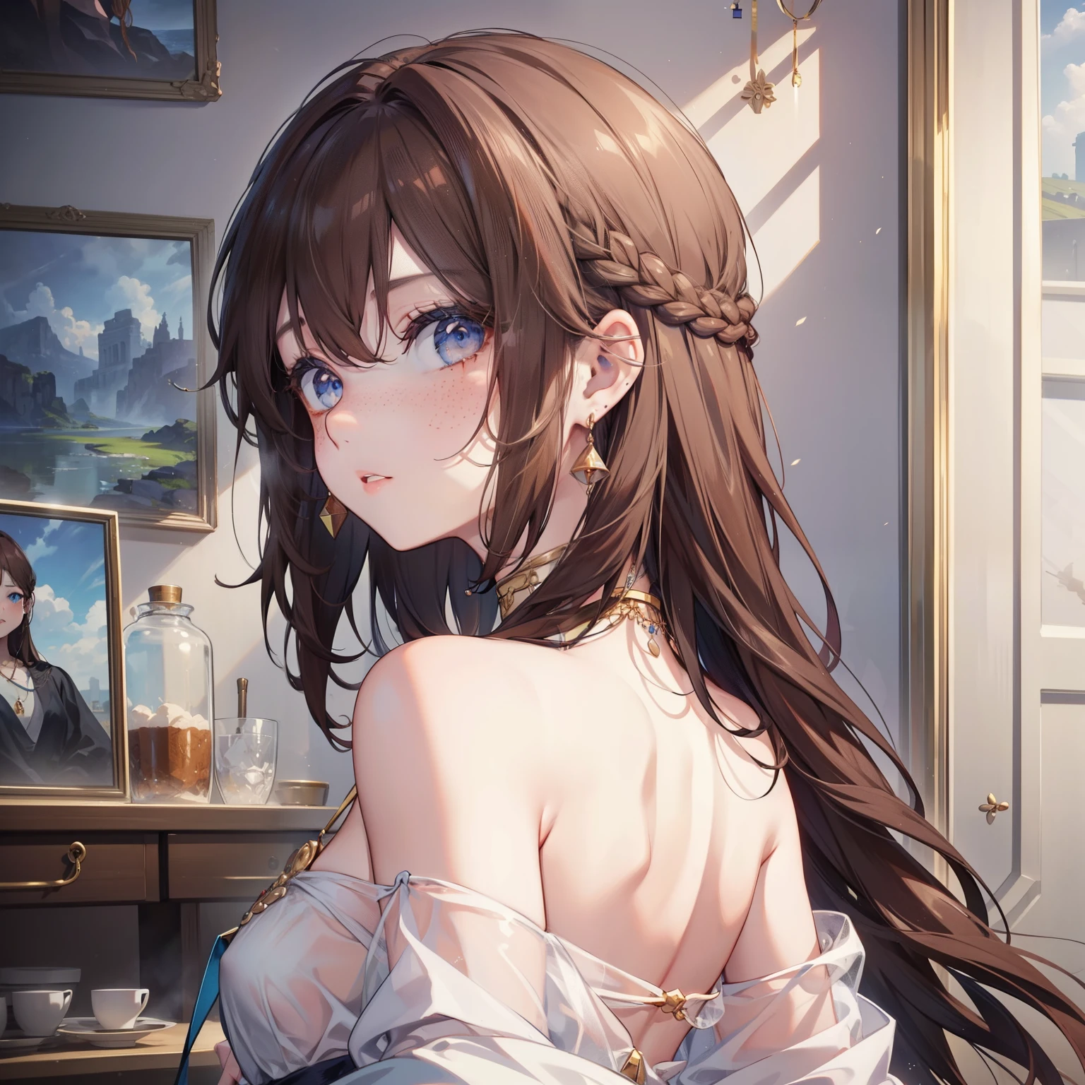 sam yang, 1girl, back, bare shoulders, blue eyes, brown hair, earrings, freckles, jewelry, lips, long hair, looking at viewer, looking back, necklace, off the shoulder, parted lips, portrait, day, depth field, soil, ((masterpiece))