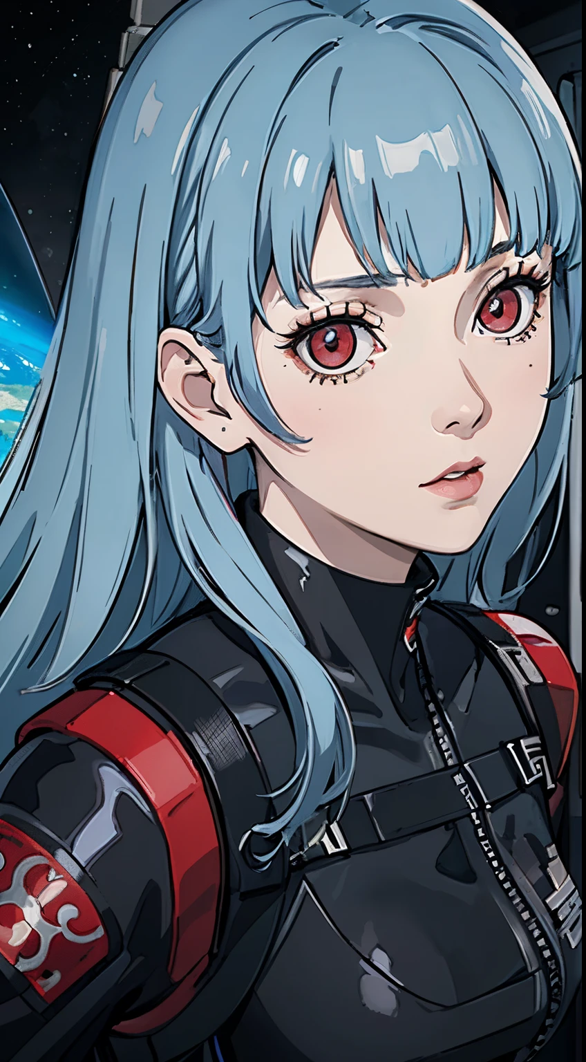 masterpiece, best quality, 1woman, portrait, mature, tall girl, portrait, close up, blue puffy curly hair, (light blue hair:1), straight bangs, pale skin, (red eyes:1), moles, detailed face, eyeshadows, (black jumpsuit with protective inserts, gloves with metal linings for protection in combat), background space station, space, corridor ship