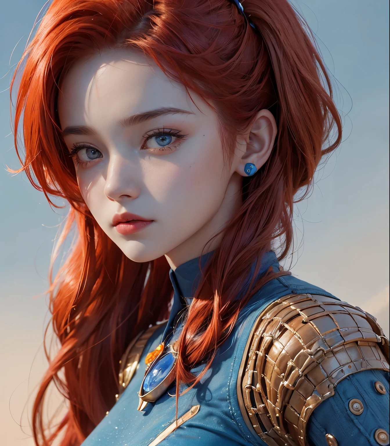 Upper body close-up image.A Martian princess with red hair that stretches down her back. Age is . Wheat skin, beautiful. Strong-willed eyes. He wears clothes based on blue.Chalk palace on the background of the woman. 8K image quality.