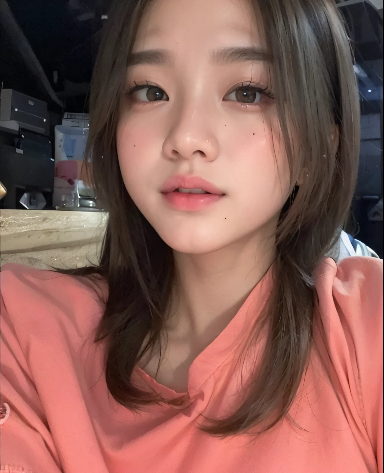 a close up of a woman with a pink shirt and a cell phone, young cute wan asian face, girl cute-fine-face, young cute face, small heart - shaped face, south east asian with round face, asian face, ruan cute vtuber, ulzzang, clear cute face, korean girl, 19-year-old girl