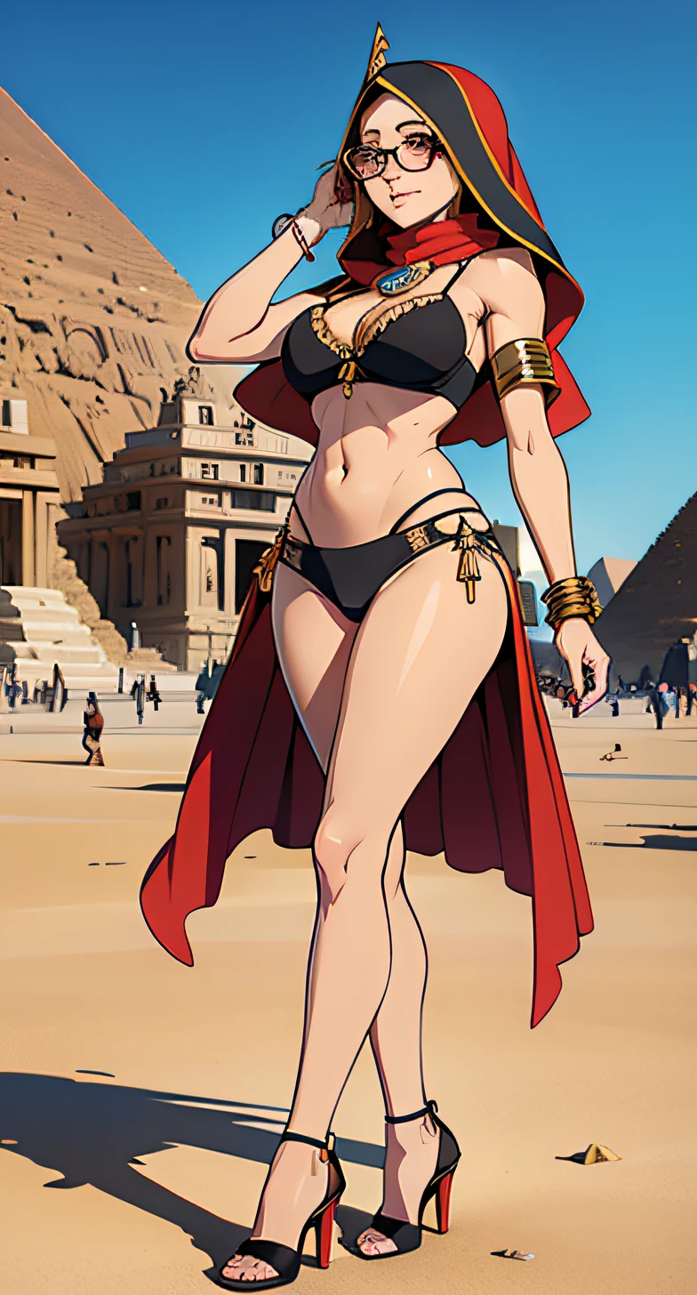 40-year-old woman, gordita, grandes pechos, pelo rubio largo rizado, gafas, bragas, bra, high heel shoes, colgante de amor libre, pendientes de aro grandes, pulseras de muchos colores, hijab, at the Gizhé pyramids in Cairo, Egipto, 8k, alta calidad, obra maestra, cuerpo completo, lente gran angular
