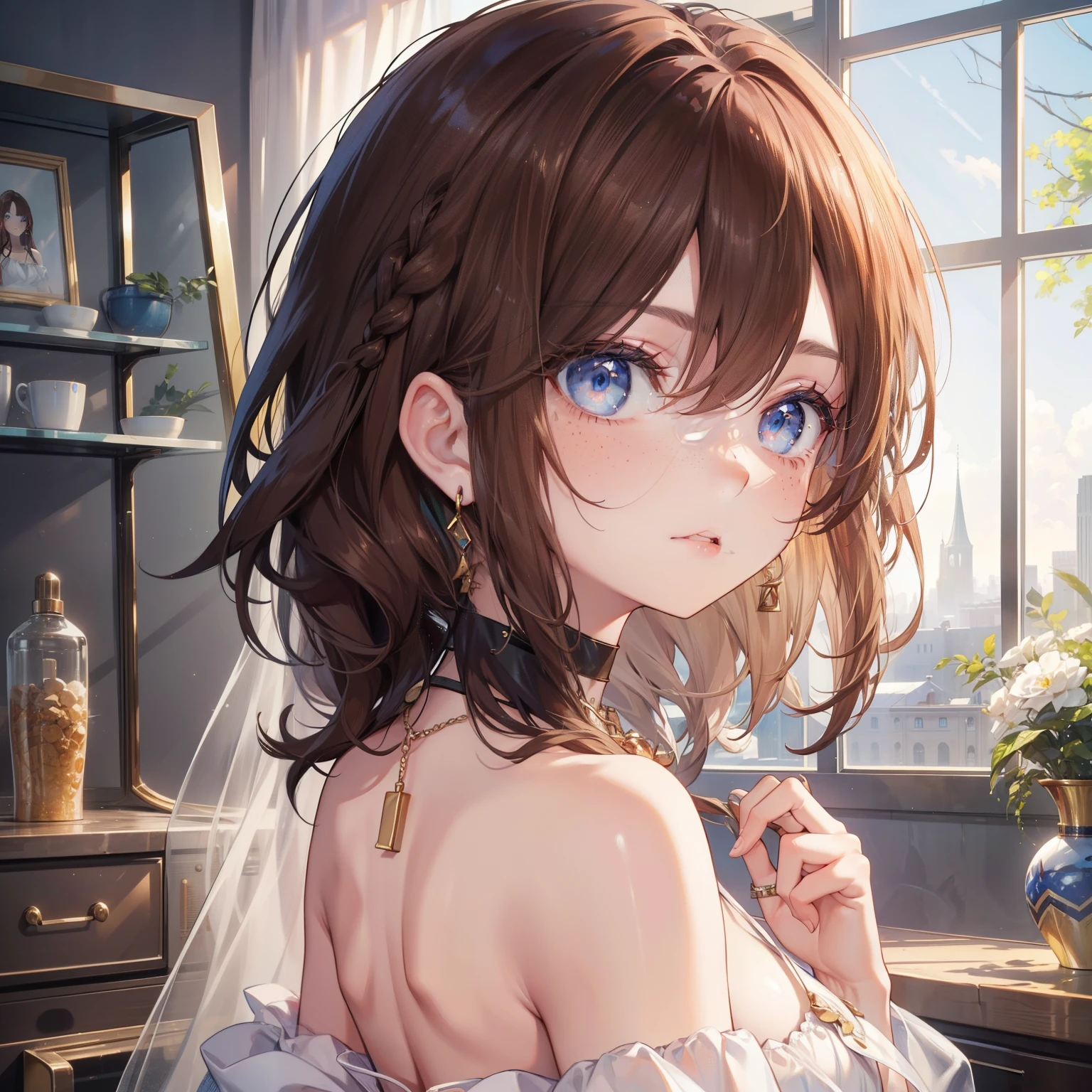 sam yang, 1girl, back, bare shoulders, blue eyes, brown hair, earrings, freckles, jewelry, lips, long hair, looking at viewer, looking back, necklace, off the shoulder, parted lips, portrait, day, depth field, soil, ((masterpiece))