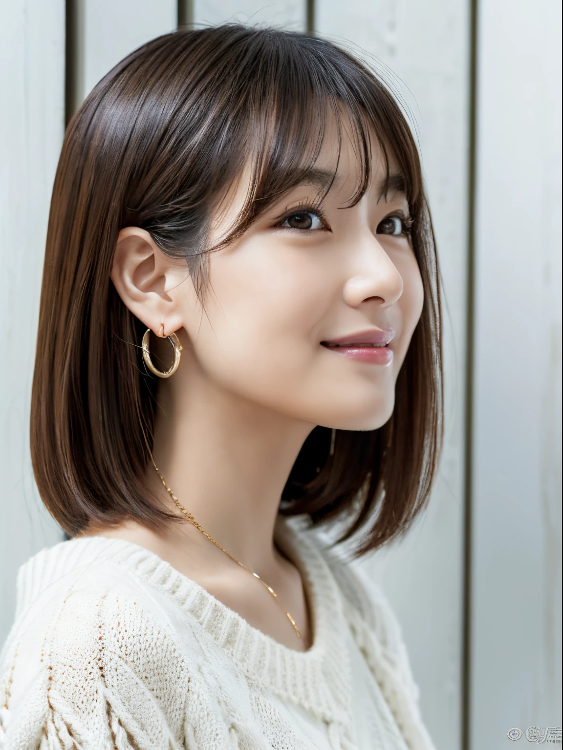 (Best Quality,masutepiece, Photorealistic, Highly detailed), Upper body portrait of one Japanese girl, 30-years old, Detailed beautiful face, Glossy lips, Detailed beautiful eyes,, earrings, Realistic and detailed skin texture, detailed hairs, masutepiece, Best Quality, Photorealsitic, finely detail, hight resolution, 8K Wallpapers, Perfect dynamic composition, foco nítido, A hyper-realistic, Beautiful detailed eyes, Bob Hair,A smile, (drooing eyes:1.4), Adult beauty, japanes, Simple Chain Necklace, profile、(((White knitwear)))、white walls、Taken in front of the white door、Poses variadas、profile、(Dark brown hair)、 (8K)、Less bangs、Shot in natural light、(Beautiful profile:1.3)
