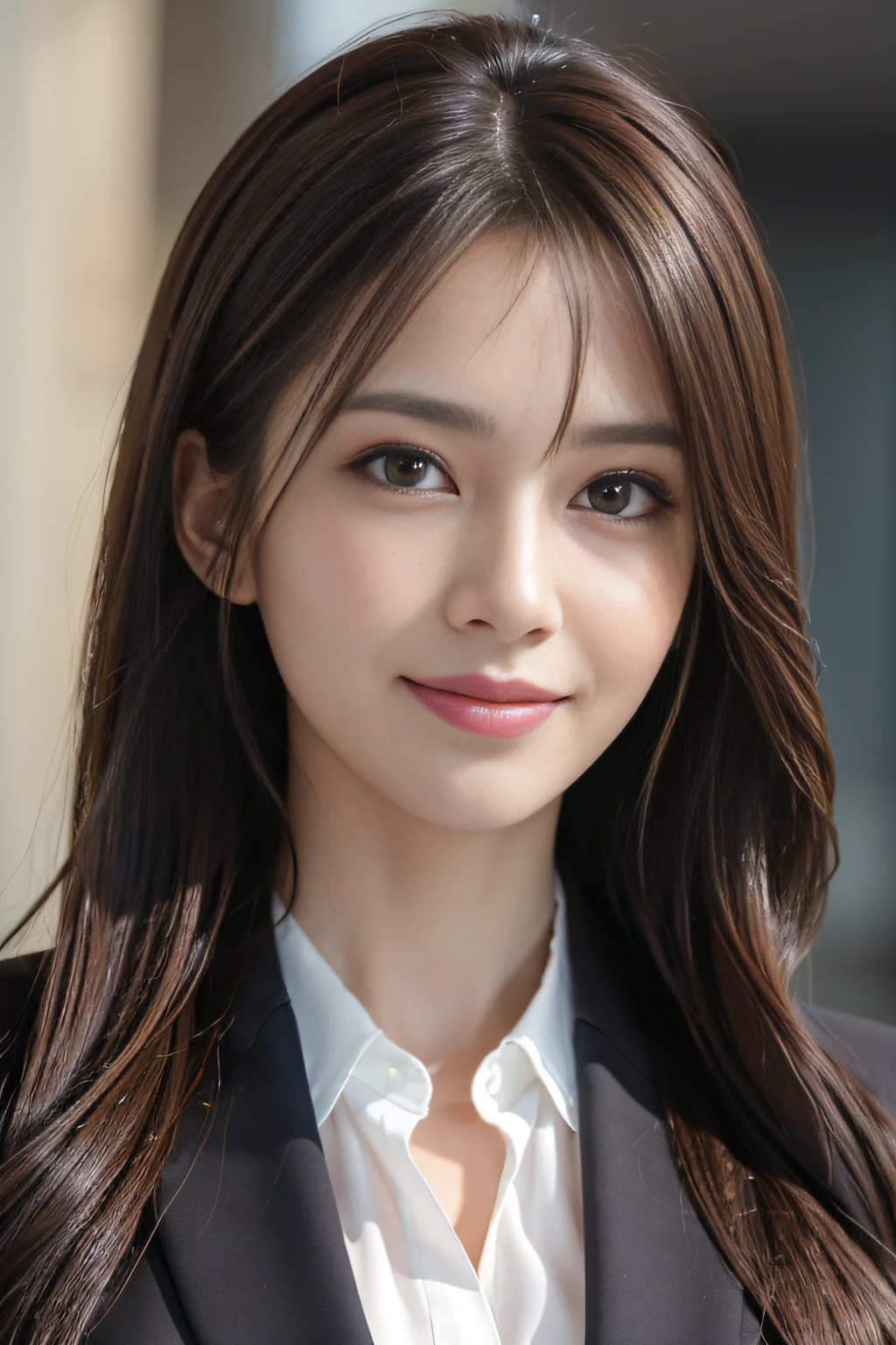masutepiece, Best Quality, Photorealistic, Ultra-detailed, finely detail, High resolution, 8K Wallpaper, 1 beautiful woman,, light brown messy hair, in a business suit, foco nítido, Perfect dynamic composition, Beautiful detailed eyes, detailed hairs, Detailed realistic skin texture, Smiling, Close-up portrait, Model body type