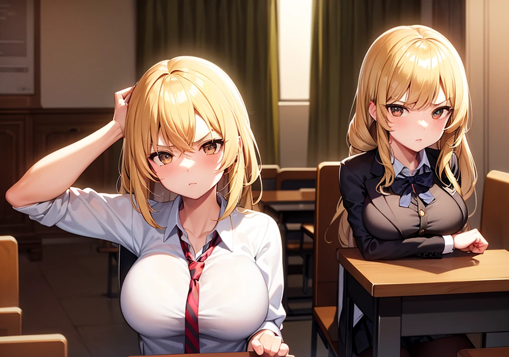 1girl, blonde hair, brown eyes, big breasts, school, serious face