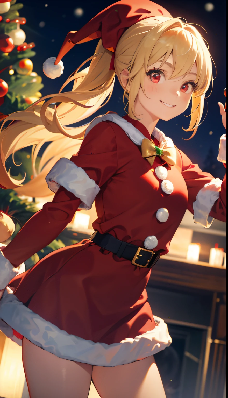 1girl in、a blond、Pony tail、Red Eyes、small tits、A smile、Laugh、Christmas、Dressed in Santa Claus costume、Colors based on red and green