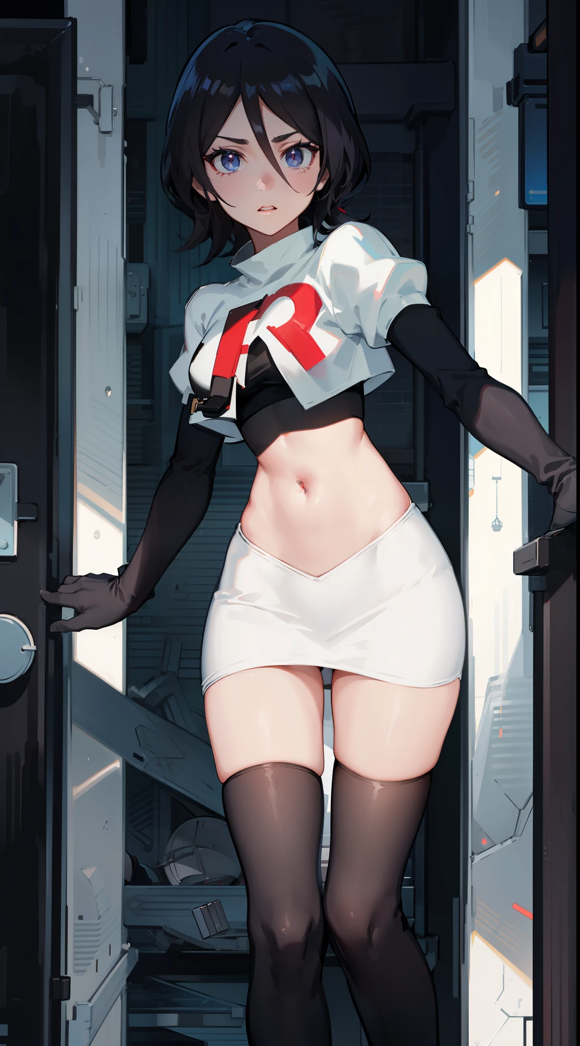 Black color hair, team rocket uniform, red letter R, white skirt,white crop top,black thigh-high boots, black elbow gloves,