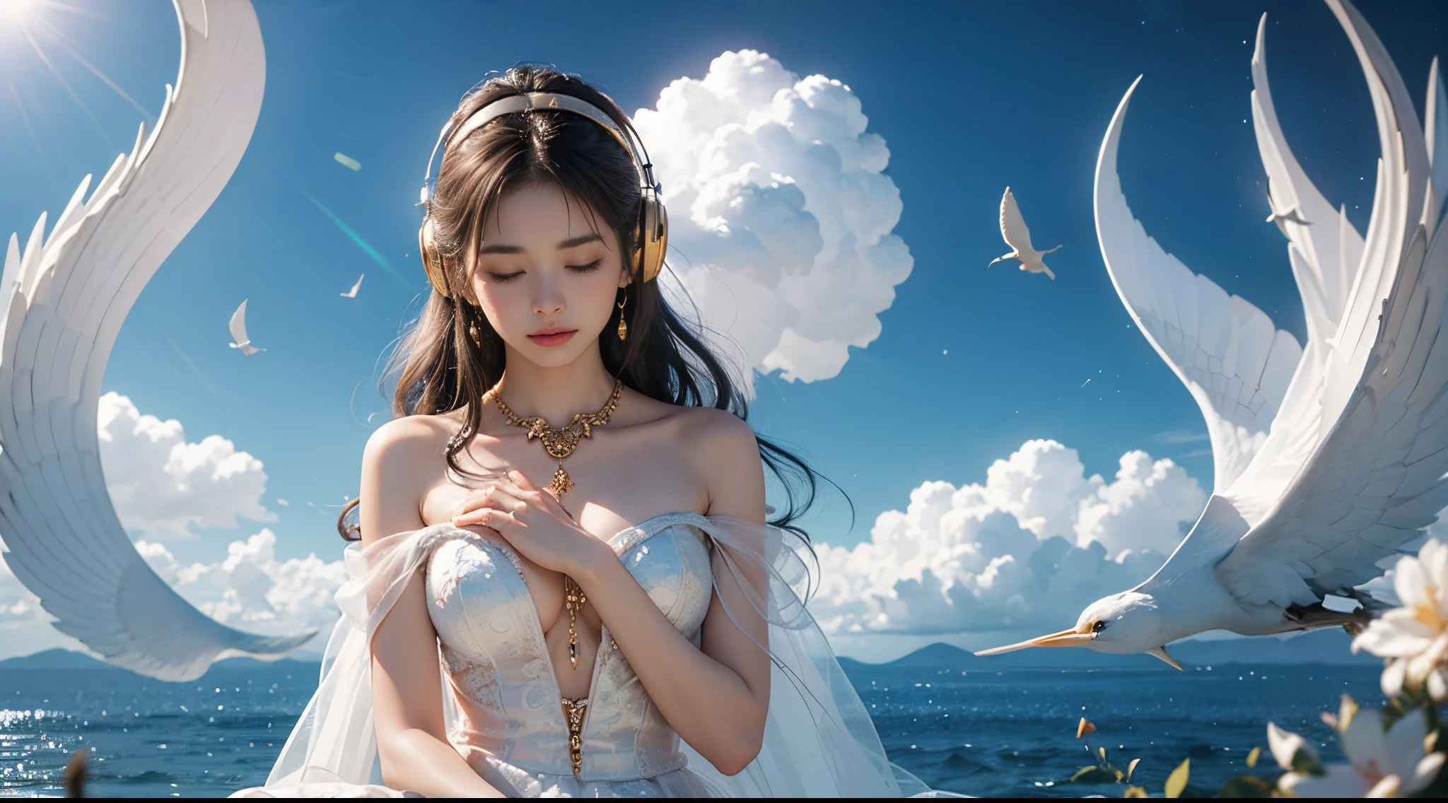 A woman, clothed in a flowing, white gown, sits on a fluffy cloud in a brilliant blue sky, large, golden headphones over her ears. She's surrounded by glowing, ethereal beings playing various instruments. Her eyes are closed, indicating she's deeply immersed in the divine melody being played.