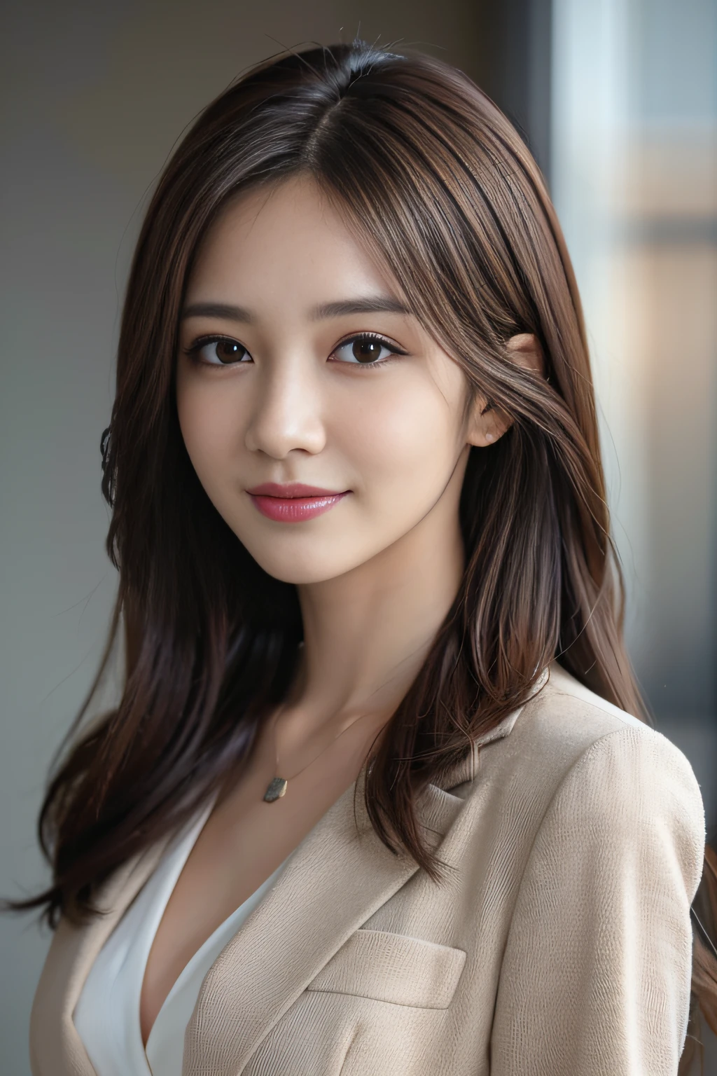 masutepiece, Best Quality, Photorealistic, Ultra-detailed, finely detail, High resolution, 8K Wallpaper, 1 beautiful woman,, light brown messy hair, in a business suit, foco nítido, Perfect dynamic composition, Beautiful detailed eyes, detailed hairs, Detailed realistic skin texture, Smiling, Close-up portrait, Model body type