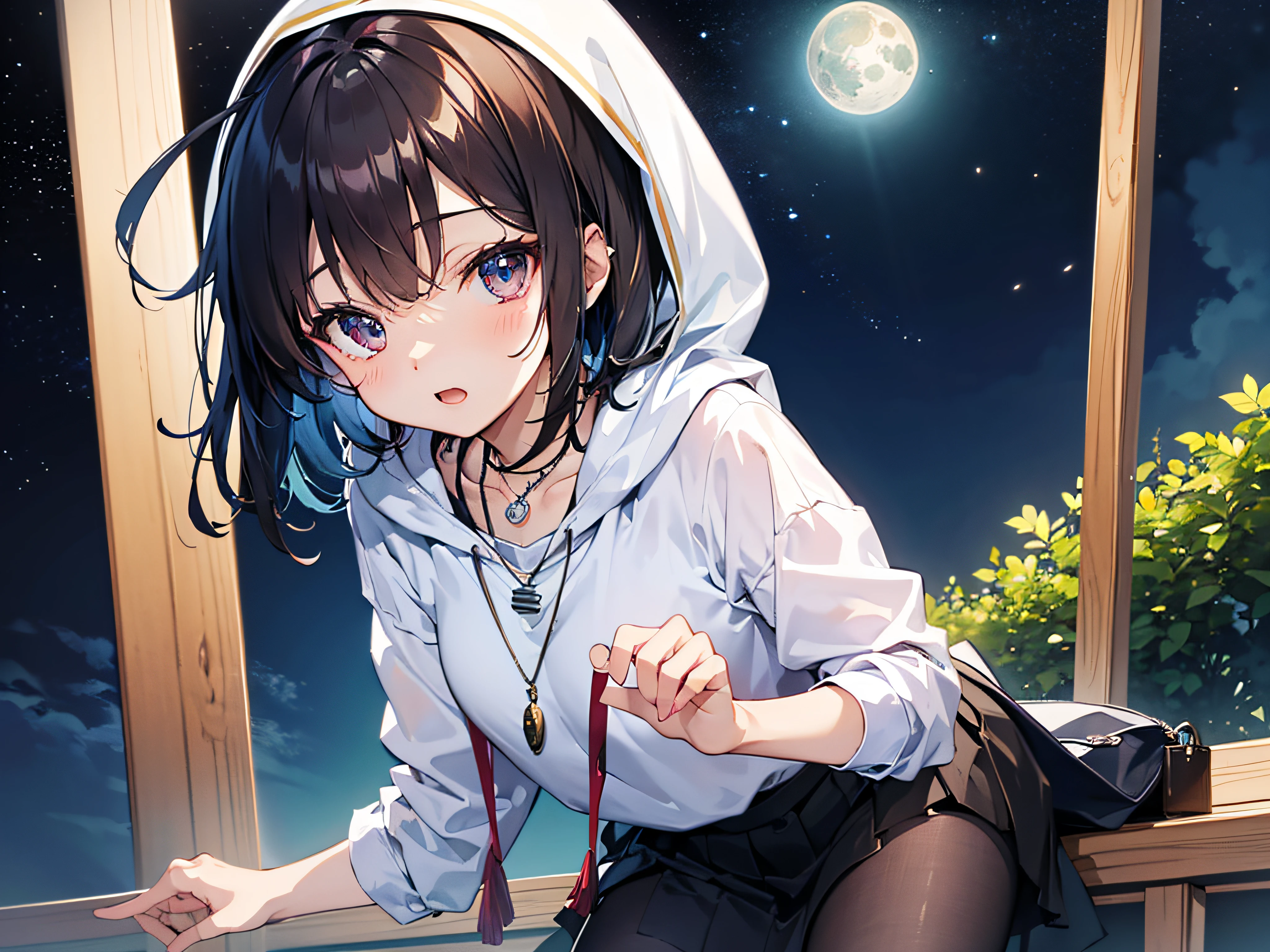 Borey Raim、masterpiece、top-quality、An ultra-high picture quality、超A high resolution、8K、(Highly detailed background 1.0)、Brown hair、Cat's ears、Redeye、Ruby eyes、hair pin、short-hair、bobhair、a necklace、double tooth、hair adornments、Parka with shrine maiden mark、The shirt、a short skirt、shooting stars、a moon、Seductive Anime Girl, Anime Style 4k, Best Anime 4k Konachan Wallpapers,anime moe art style, Anime art wallpaper 8k
