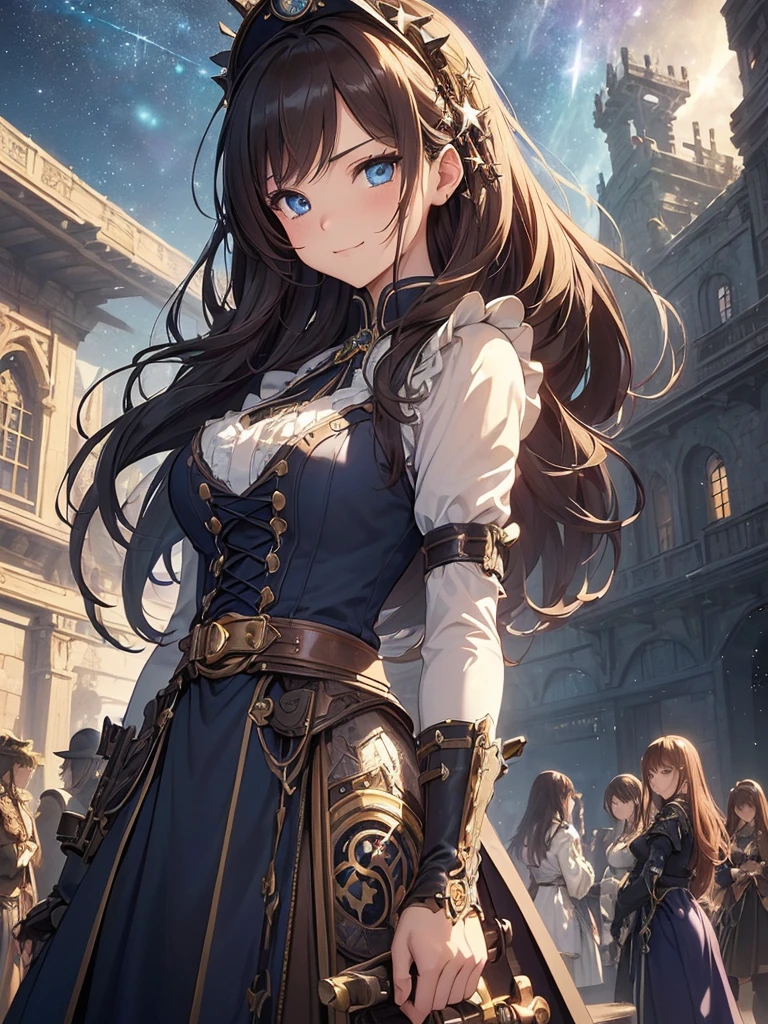 top-quality、Top image quality、​masterpiece、Beautiful Gothic girl((20yr old、Best Bust、big bast、Bust 90,Beautiful blue eyes、,Brown hair long hair、A slender、a closeup、Hold a steampunk cannon、glowing sword in hand、Cool pose、fight、Esbian、Gothic Maid costume、beautiful apron、hiquality、Beautiful Art、Background with((starrysky)))masutepiece、visualart、depth of fields、low angle of morning sky、、、🎵、Happy smile、Gentle light、、Beautiful skins、beutiful breast、beautiful foot、welcome、、accurate fingers、Exact finger count、nffsw、steampunc、Lots of gears、Majestic nature、Artistically、gothic magic、action scene、huge robot、Great angle、Battle Scenes、steampunk fantasy、必殺技❗️強力な一撃！！