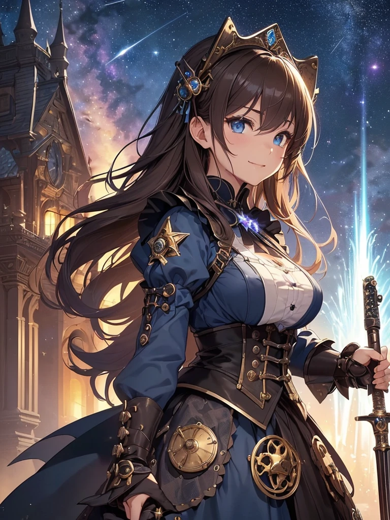top-quality、Top image quality、masterpiece、Beautiful Gothic girl((20yr old、Best Bust、big bast、Bust 90,Beautiful blue eyes、,Brown hair long hair、A slender、a closeup、Hold a steampunk cannon、glowing sword in hand、Cool pose、fight、Esbian、Gothic Maid costume、beautiful apron、hiquality、Beautiful Art、Background with((starrysky)))masutepiece、visualart、depth of fields、low angle of morning sky、、、🎵、Happy smile、Gentle light、、Beautiful skins、beutiful breast、beautiful foot、welcome、、accurate fingers、Exact finger count、nffsw、steampunc、Lots of gears、Majestic nature、Artistically、gothic magic、action scene、huge robot、Great angle、Battle Scenes、steampunk fantasy、必殺技❗️強力な一撃!!