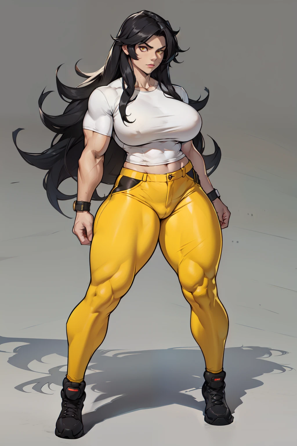 1 girl muscular pale skin muscular muscular muscular black hair yellow eyes huge breasts muscular muscular long hair long hair long hair long hair huge breasts muscular muscular tight shirt tight pants thick thick full body