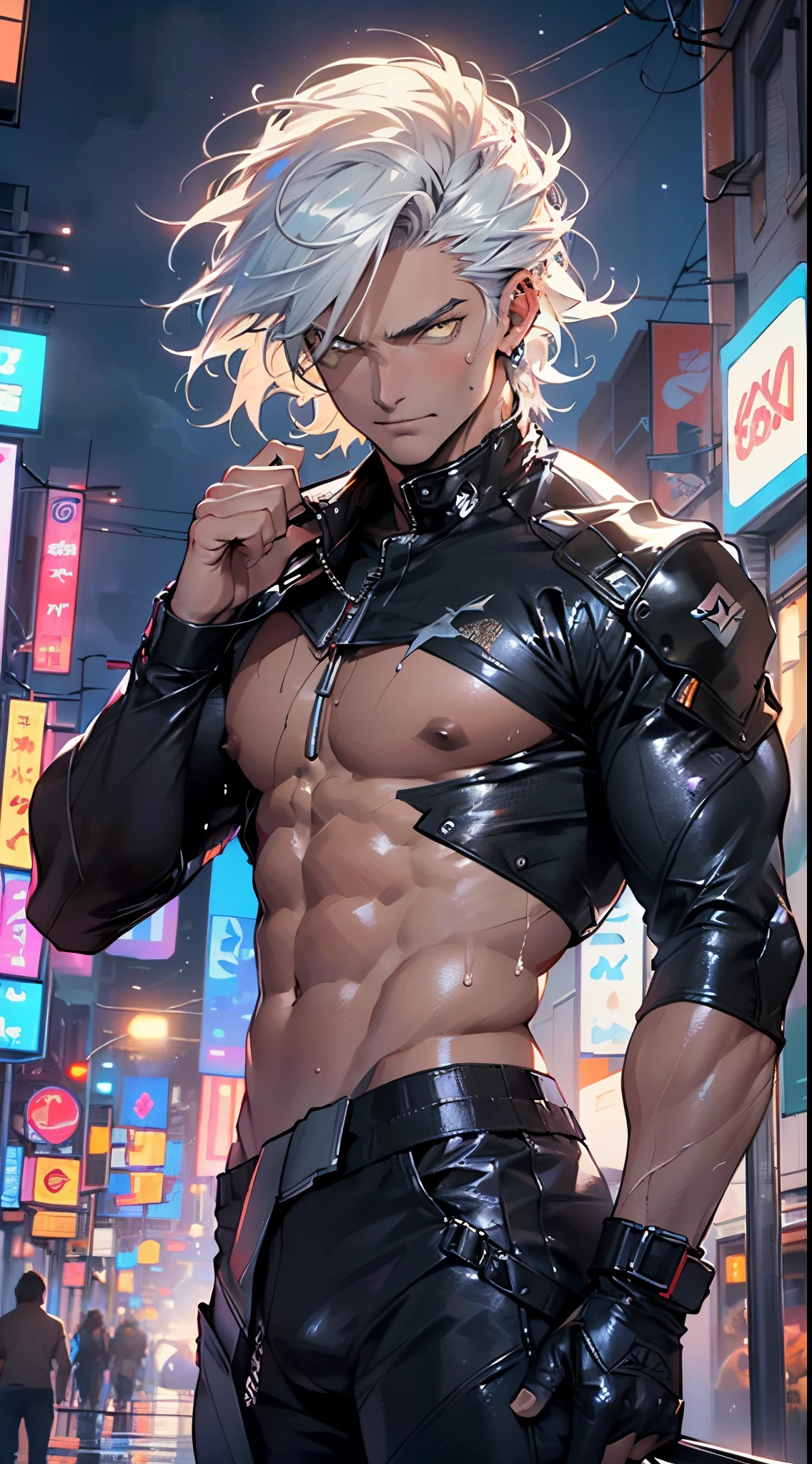 muscular man,(((1man))),((man muscular)),

(((1male,man:1.5,handsome man,male,male gender:1.5,male focus))),macho man,

((short white hair)),(((lustrous skin:1.5,tanned skin,bright skin: 1.5,skin tanned,shiny skin,very shiny skin,shiny body,illuminated skin))),(((yellow_eyes:1.2))),intricate eyes,beautiful detailed eyes,symmetrical eyes,((exaggerated muscles,exaggerated shoulders,very muscular and huge)),man chest,handsome face,((((muscular,hairy body,muscular man,tall,big biceps,abs,big thighs,broad shoulders,open chest)))),(((detailed face))),(((square jaw))),

alluring look,nsfw,

(((bare chest,shirtless))),motorcyclist pants,((bulge in pants)),((motorcyclist outfit)),(wearing a motorcyclist outfit:1.3,motorcyclist clothes),((wet clothes,intricate outfit,intricate clothes)),

(dynamic pose:1.0),solo focus,((evil smile,evil look)),(centered,scale to fit dimensions,Rule of thirds),

cyberpunk city by the ocean at night, with bright neon signs and dark stormy clouds and puddles, scenery:1.25,nighttime, starry night, cosmos,Very dark night that makes the neon lights stand out, very bright neon lights,nighttime, starry night, cosmos,

highres, sharp focus, (ultra detailed, extremely detailed), (photorealistic artwork:1.37),(extremely detailed CG unity 8k wallpaper),((synthwave background theme)),(((vibrant colors))),(intricate background),(masterpiece),(best quality),