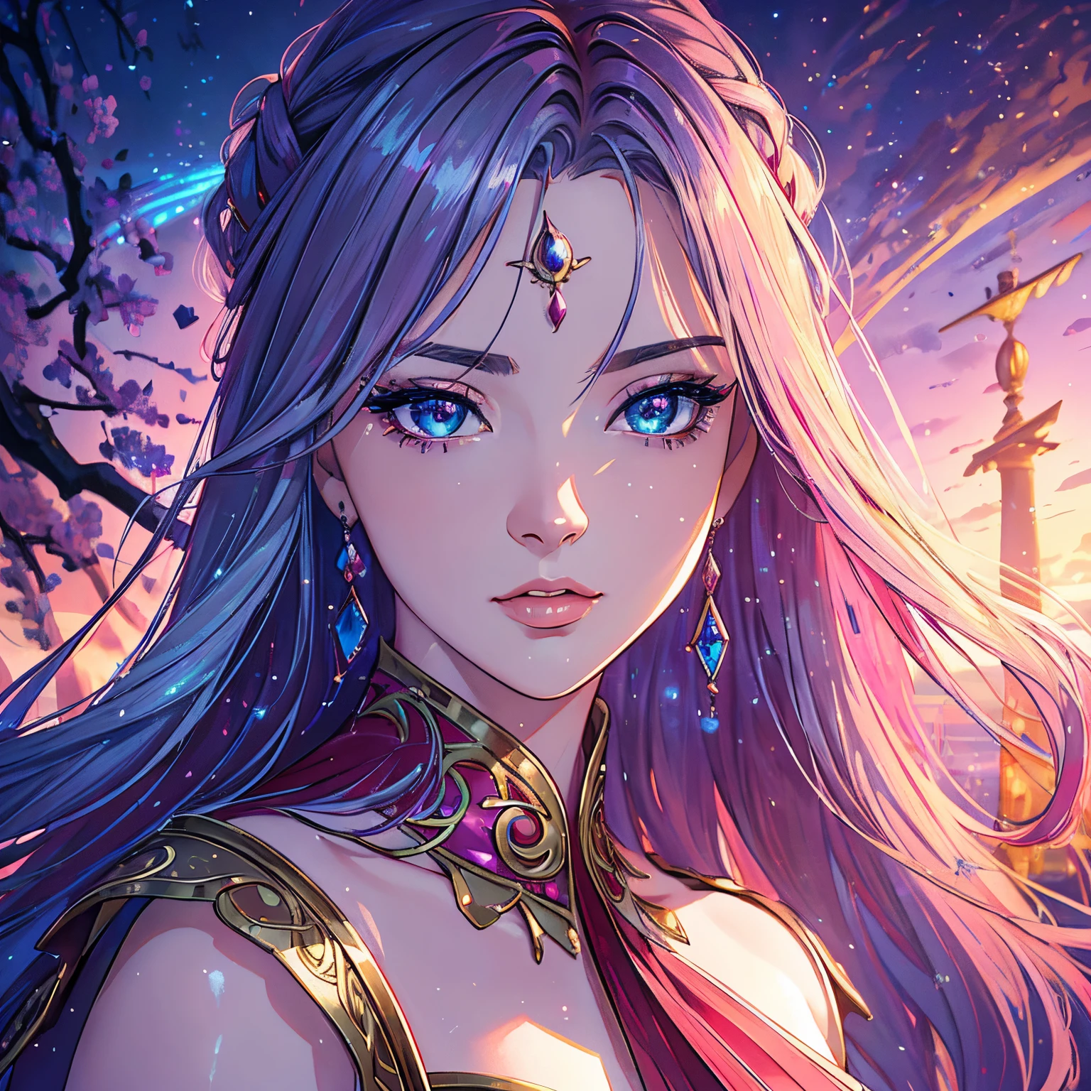(best quality,4k,8k,highres,masterpiece:1.2),ultra-detailed,(realistic,photorealistic,photo-realistic:1.37),beautiful detailed eyes,beautiful detailed lips,(red,blue)and(purple:pink:glossy:satin like)hair,(flawless:smooth:perfect) skin,shiny(golden, silver) accessories, exotic looking outfit, dynamic pose, intense gaze, dramatic lighting, vibrant colors, magical atmosphere, sparkling effects, ethereal background