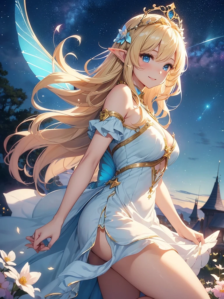 top-quality、Top image quality、masterpiece、Super beautiful fairy girl((24 year old、Best Bust、big bast、Bust 90,Beautiful blue eyes、,Blonde long hair、A slender、a closeup、Esbian、beautiful tiara、hiquality、Beautiful Art、Background with((starrysky)))masutepiece、visualart、depth of fields、low angle of morning sky、、Elven ears、、light magic、kosmos、mid night、harp melody🎵、Happy smile、Gentle light、、Beautiful skins、beutiful breast、beautiful foot、welcome、、accurate fingers、Exact finger count、ticker beautiful dress、elegent、Mystical flower gardens、flower field、Marble pillars、Beautiful dress、are flying、fairy wings(butterflys々Feathers of)