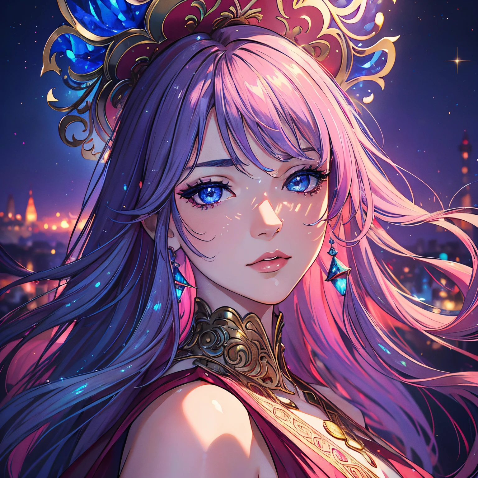 (best quality,4k,8k,highres,masterpiece:1.2),ultra-detailed,(realistic,photorealistic,photo-realistic:1.37),beautiful detailed eyes,beautiful detailed lips,(red,blue)and(purple:pink:glossy:satin like)hair,(flawless:smooth:perfect) skin,shiny(golden, silver) accessories, exotic looking outfit, dynamic pose, intense gaze, dramatic lighting, vibrant colors, magical atmosphere, sparkling effects, ethereal background