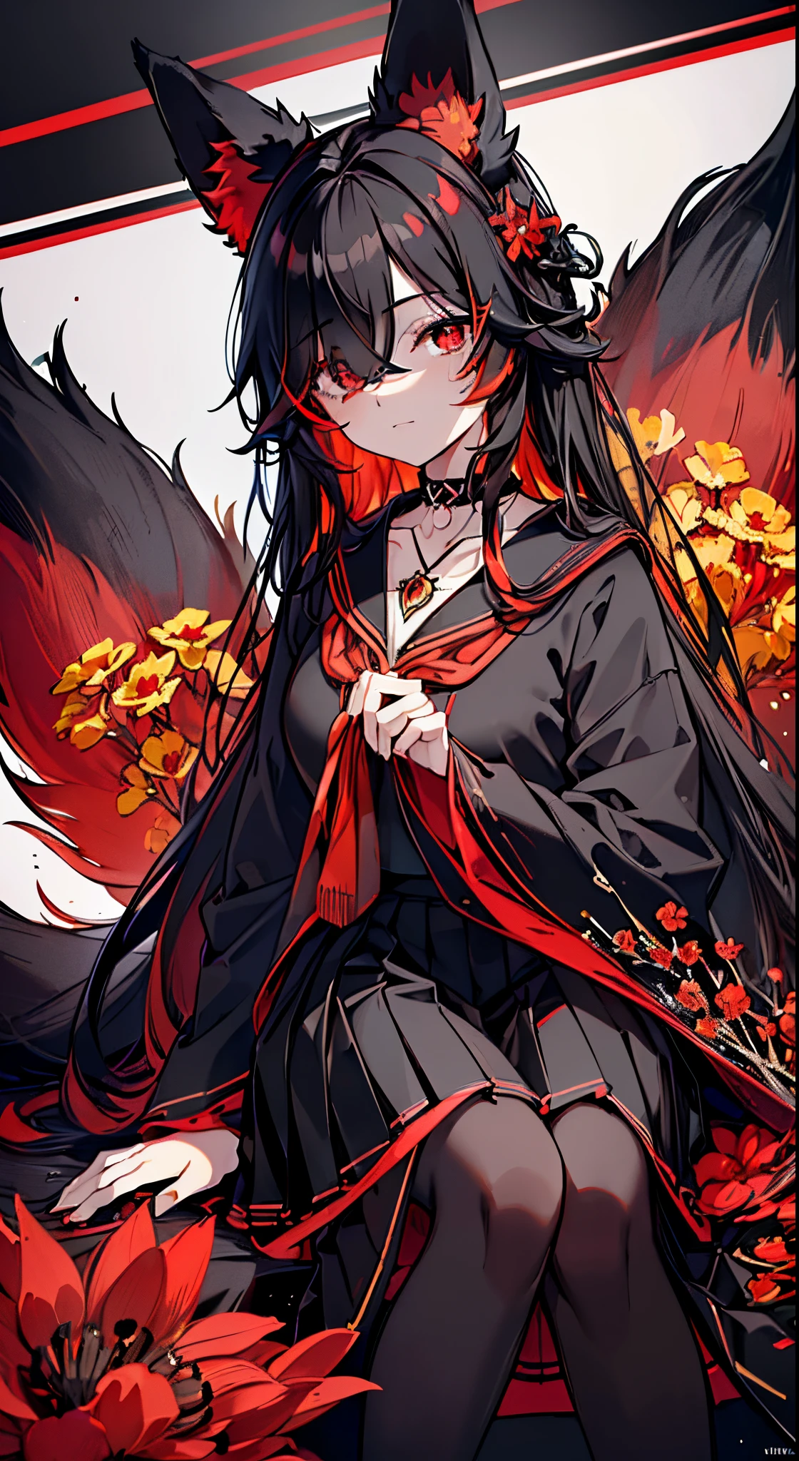 (extremely detailed CG unity 8k wallpaper), (((ultra-detailed))), ((extremely detailed)), (((intricate details))), (((best illustration))), best illumination, ((extremely delicate and beautiful)), ((an extremely delicate and beautiful girl)), colorful, manjusaka, red flower field, (((colorful flowers))), ((solo:1.9)), ((1 fox girl)), (Black and red Kitsune with long black hair with fox ears and fox tail), (2 colored black and red fox ears:1.6), (2 colored black and red single fox tail:1.6), ((finely detailed beautiful eyes and detailed face)), sad expression, melancholic smile, long hair, (((black hair))), (hair over right eye:1.9), (red eyes:1.9), beautiful detailed eyes, mature female, gentle, slender, medium breast, (Black and red sailor top and black short skirt:1.5), (medium height black boots), ((black choker with red pendent:1)), manjusaka birthmark on neck, sitting, full-bodied, bishoujo, 19 years old,