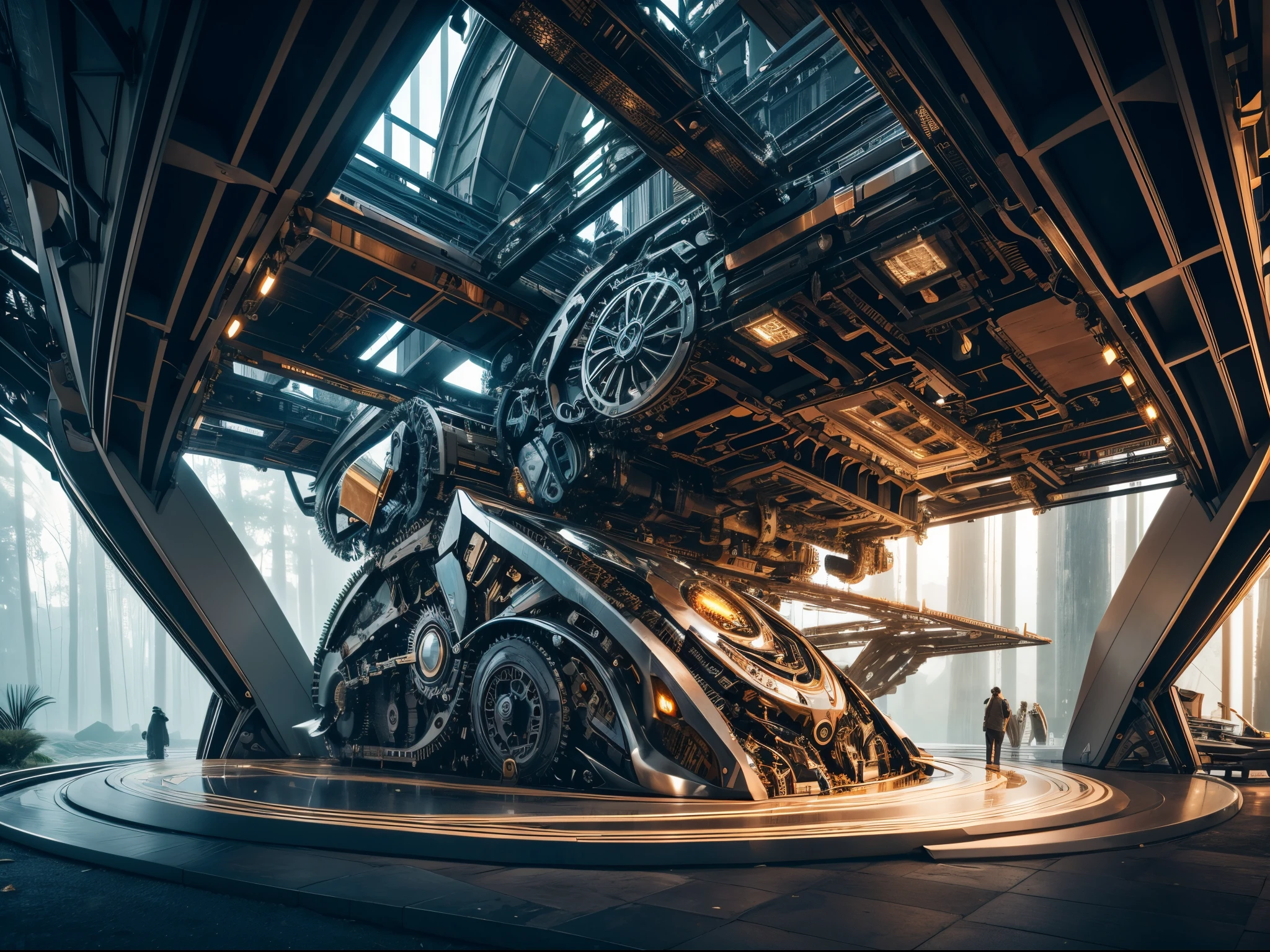 Merge the intricacies of machinery with the elegance of nature. Visualize a world where mechanical components seamlessly integrate with organic forms. Showcase the harmony between man-made and natural elements in a visually stunning and cohesive environment.