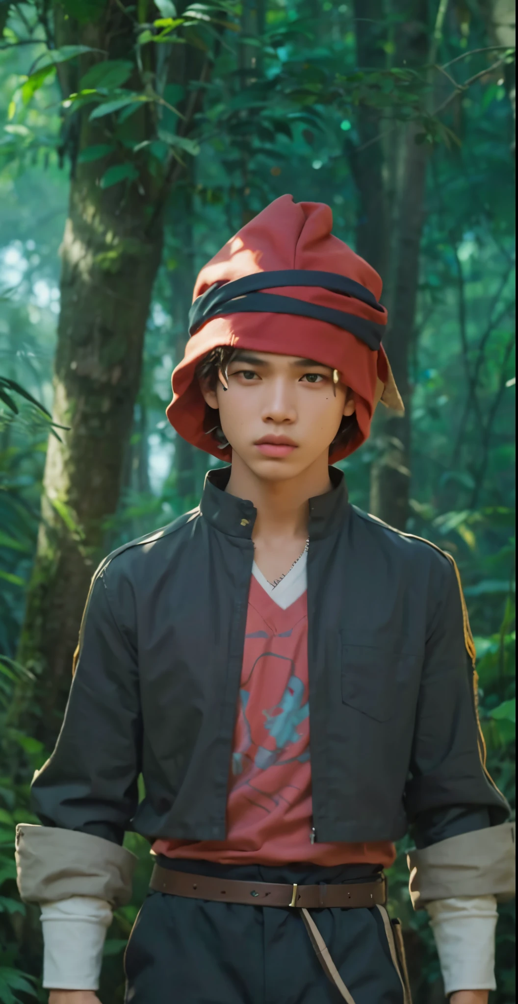 Real life adaption of this character ,teen handsome boy, angry expression,Wear the same head covering , brown skin ,(realistic same outfit),realistic jungle background , realistic light, realistic shadow, realism, hyper realistic,(photorealistic:1.2), normal small eyes
