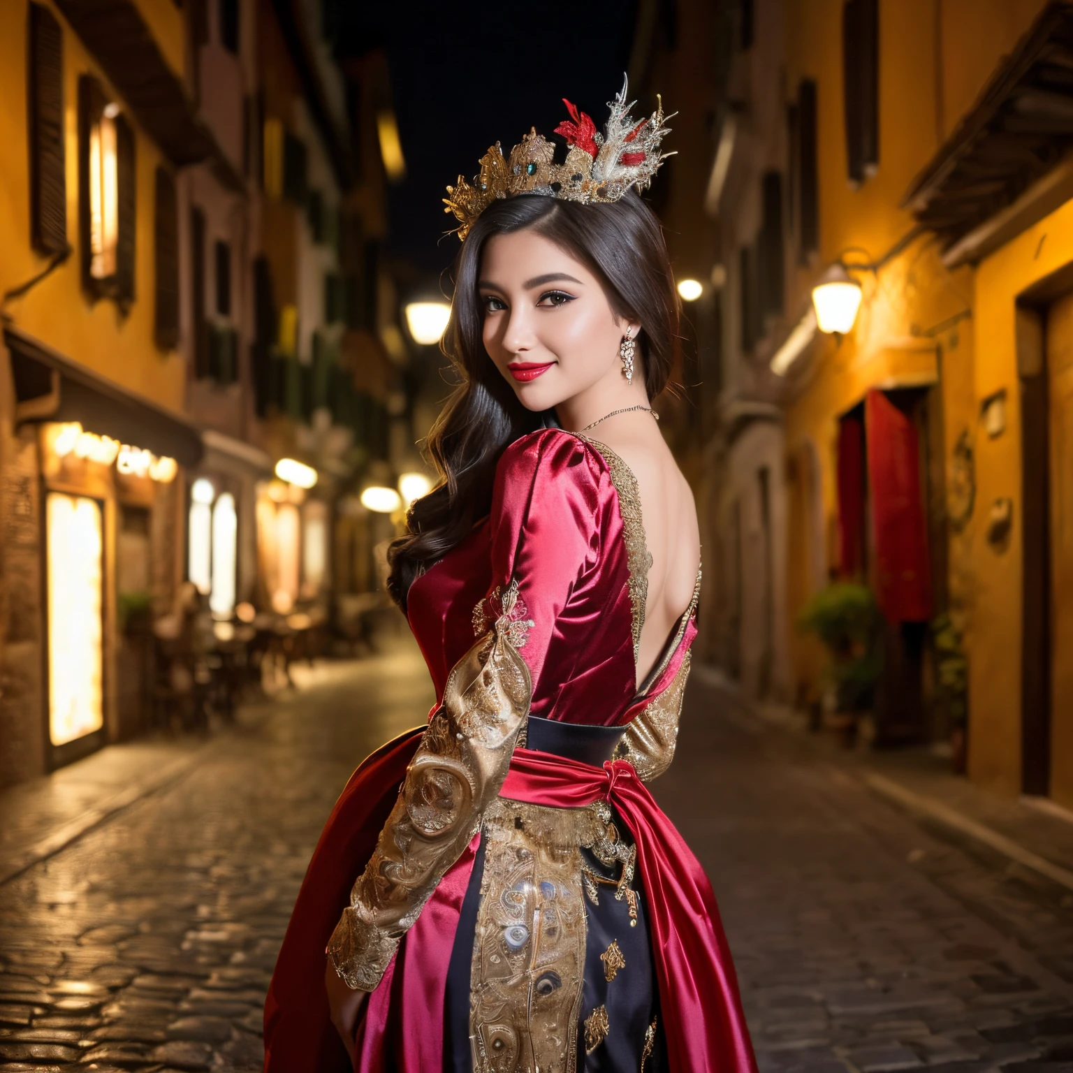 ((top-quality、masutepiece、8K、Top image quality、Highly complex and detailed depictions))、(Photos of the majestic and most beautiful goddesses of Italy:1.3)、Italy&#39;s luxury entertainment district、(The most luxurious and intricate goddess costumes:1.3)、(The most extravagant and majestic goddess&#39;s gigantic gorgeous costume:1.3)、((The most gorgeous Italian goddess costume、The most extravagant and lewd red-light district、An unimaginably huge entertainment district、A very luxurious and obscene red-light district in Italy、Huge red light district at midnight in Italy、Very complex decoration)、(View me、Bewitching smile、long eyelashes、Perfect makeup、lipsticks、A slight smil)、(perfect anatomia:1.2)、(blurry backround:1.1)、(Portrait photos:1.2)、spectacular movie lighting、(romantic mood night:1.1)、(Perfectly recreates the atmosphere of a medieval Italian red-light district:1.3)、(obscene entertainment district:1.1)、(Obscene mood 1.1)