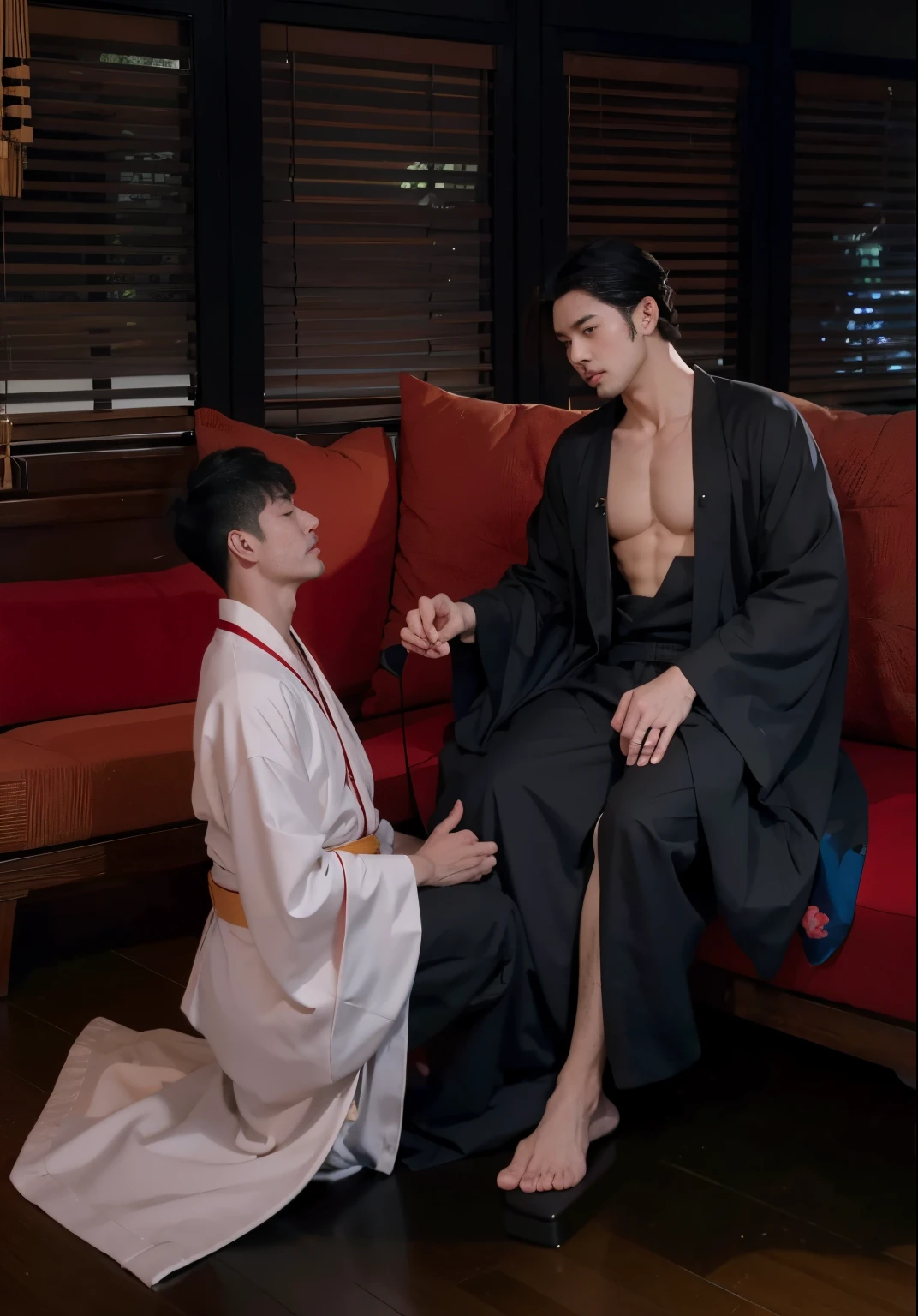 Anime scene of a man in a kimono sitting on a sofa with a man in a kimono, Inspired by Uragami Gyokudō, Goro and Kunkle, Inspired by Itō Shinsui, ((Wear a noble robe.)), in a robe, Inspired by Goyō Hashiguchi, commission for high res