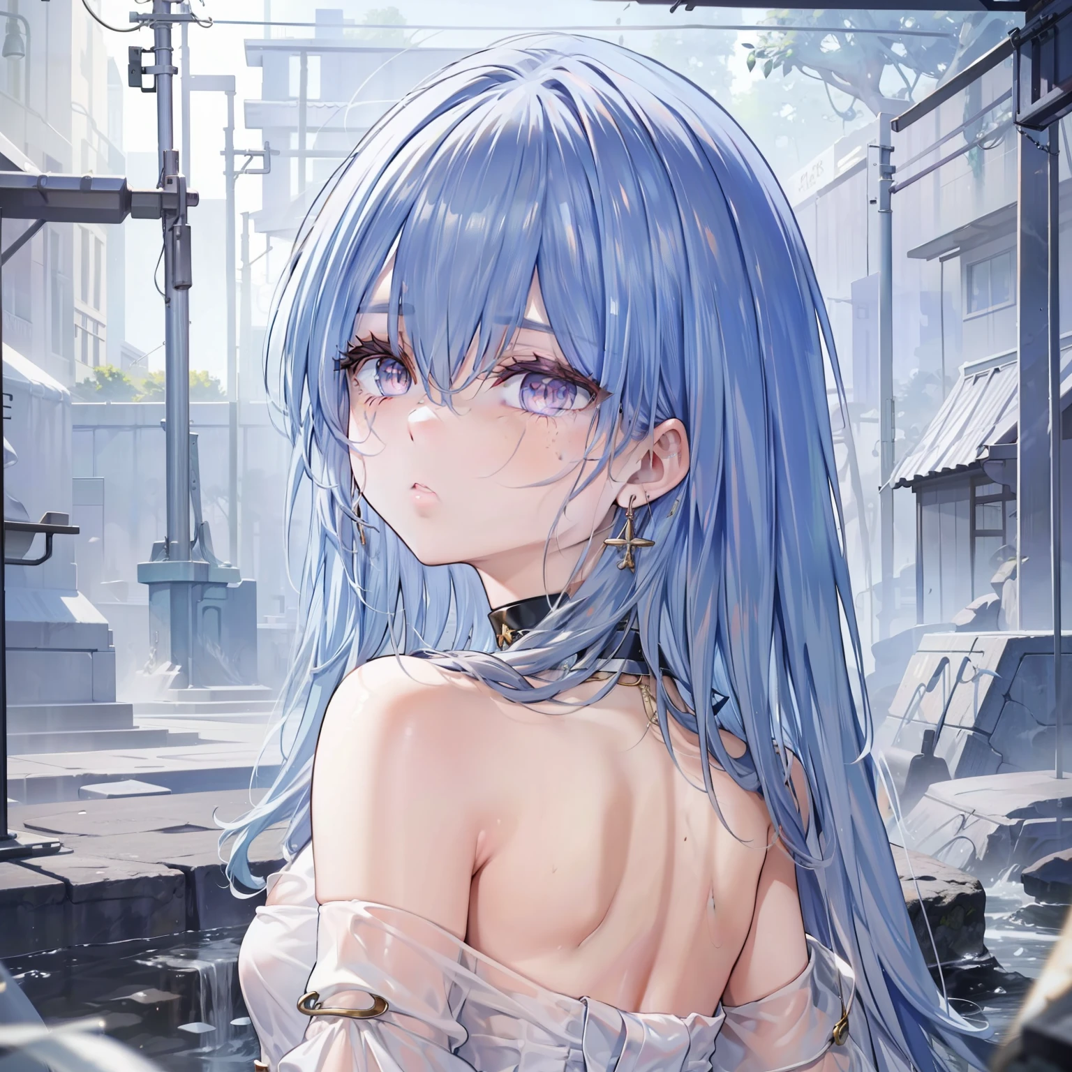 sam yang, 1girl, back, bare shoulders, blue eyes, brown hair, earrings, freckles, jewelry, lips, long hair, looking at viewer, looking back, necklace, off the shoulder, parted lips, portrait, day, depth field, soil, ((masterpiece))