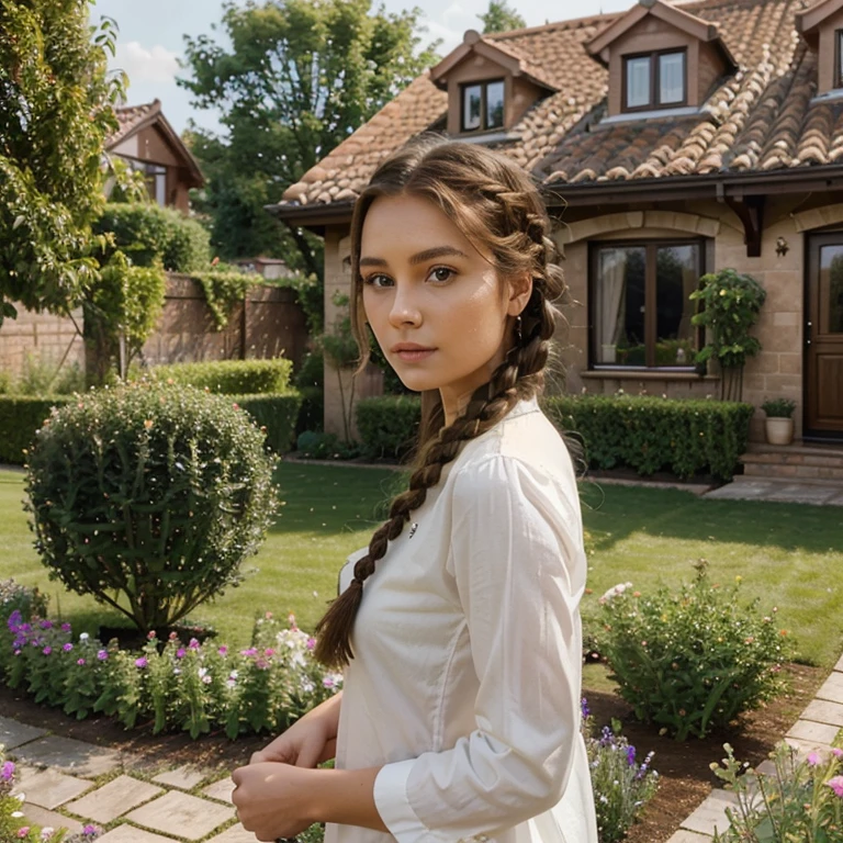 masterpiece ,a very beautiful woman,27 years old,brown hairs, braided hair,ultra realistic,best quality,house,garden