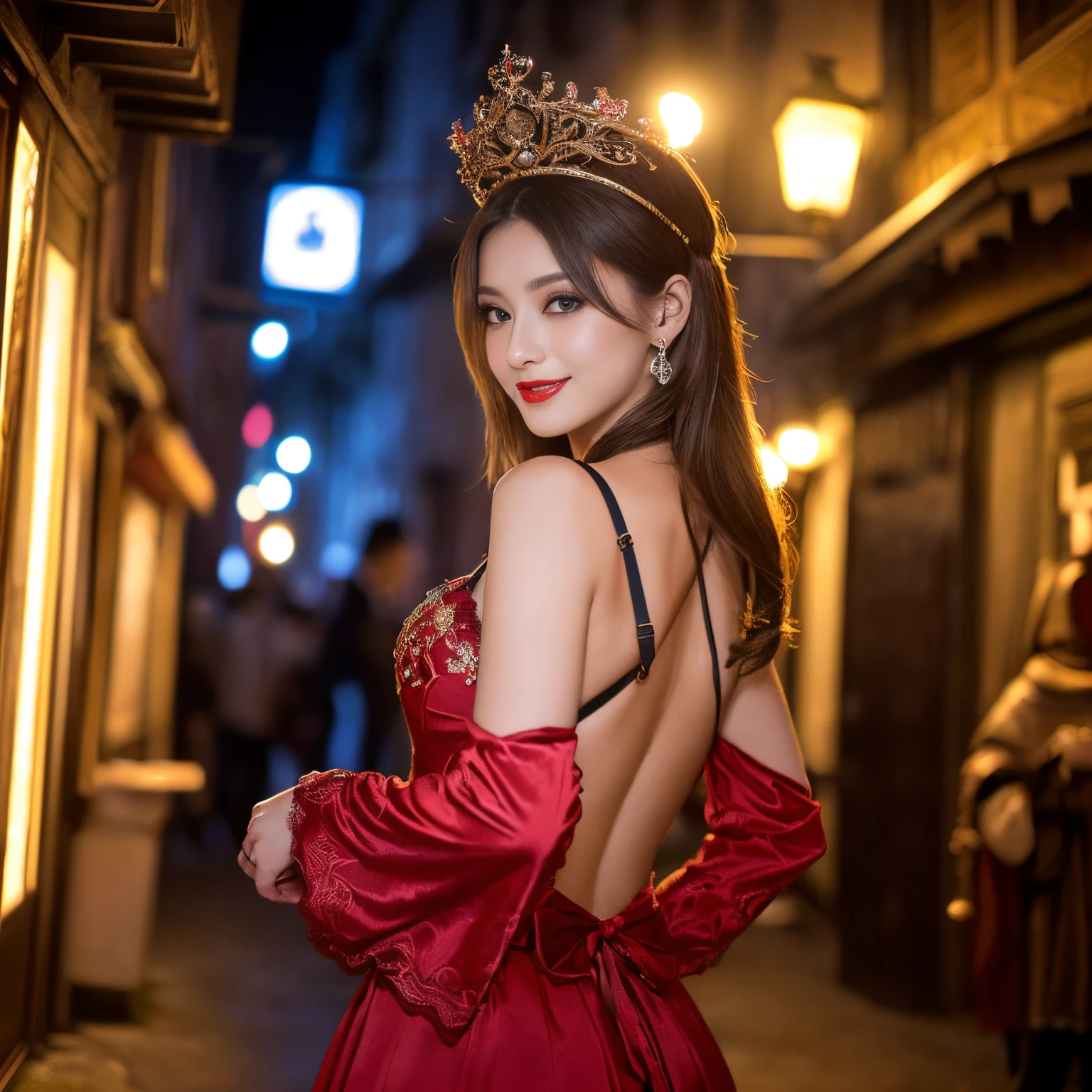 ((top-quality、masutepiece、8K、Top image quality、Highly complex and detailed depictions))、(Photos of the majestic and most beautiful goddesses of Italy:1.3)、Luxury red-light district of medieval Italy、(The most luxurious and intricate goddess costumes:1.3)、(The most extravagant and majestic goddess huge gorgeous costume:1.3)、((The most gorgeous Italian goddess costume、The most extravagant and lewd red-light district、An unimaginably huge entertainment district、A very luxurious and obscene red-light district in medieval Italy、A huge red light district at midnight in medieval Italy、Very complex decoration)、(View me、Bewitching smile、long eyelashes、Perfect makeup、lipsticks、A slight smil)、(perfect anatomia:1.2)、(blurry backround:1.1)、(Portrait photos:1.2)、spectacular movie lighting、(romantic mood night:1.1)、(Perfectly recreates the atmosphere of a medieval Italian red-light district:1.3)、(obscene entertainment district:1.1)、(Obscene mood 1.1)