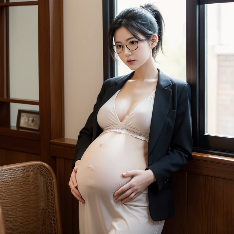 Pregnant women suffering from, ,potbelly,Bigchest,The characters are very delicate, window, form, buisness suit,eye glass,black ponytail,agony