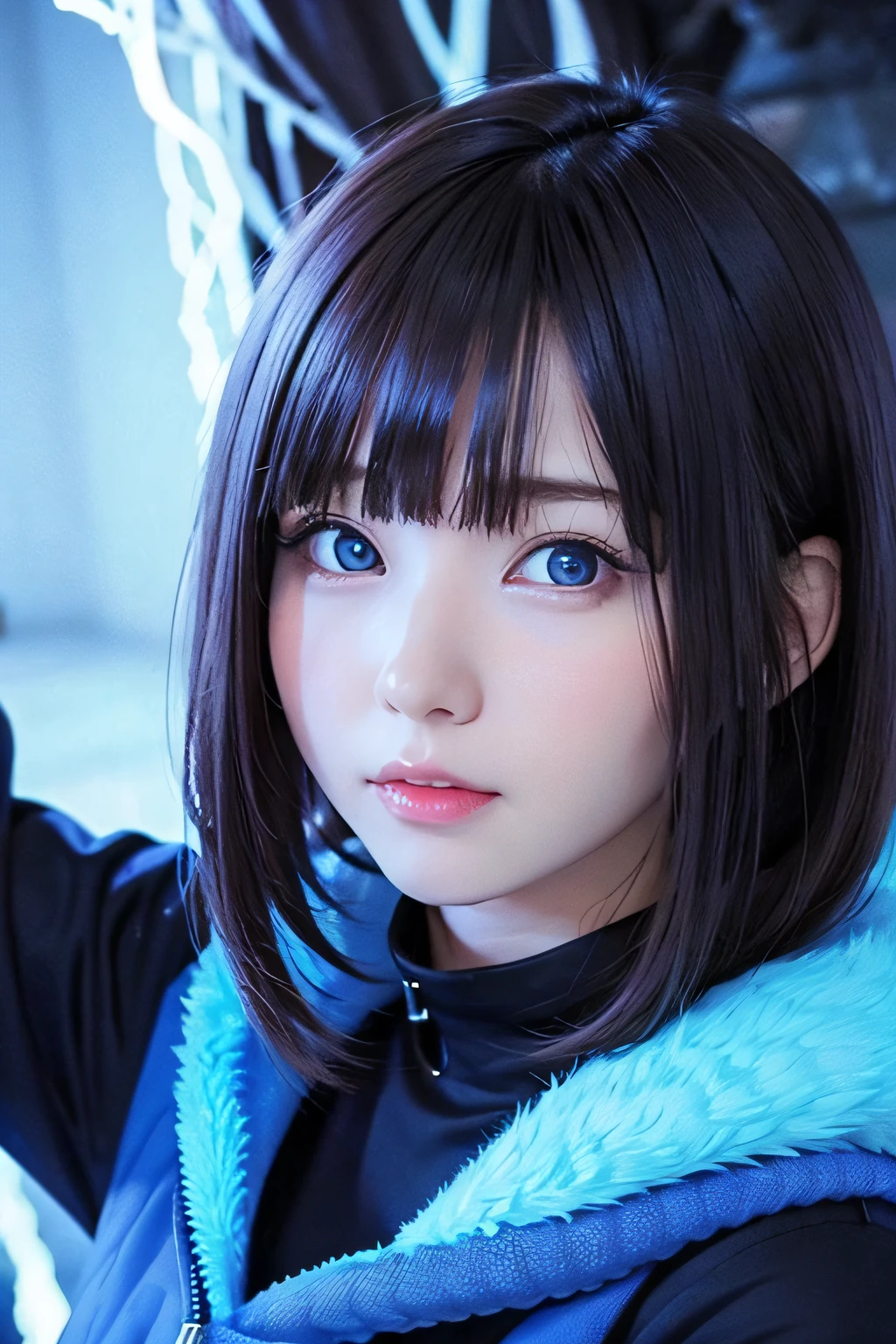 A close up of a woman with a blue jacket and a black jacket - SeaArt AI
