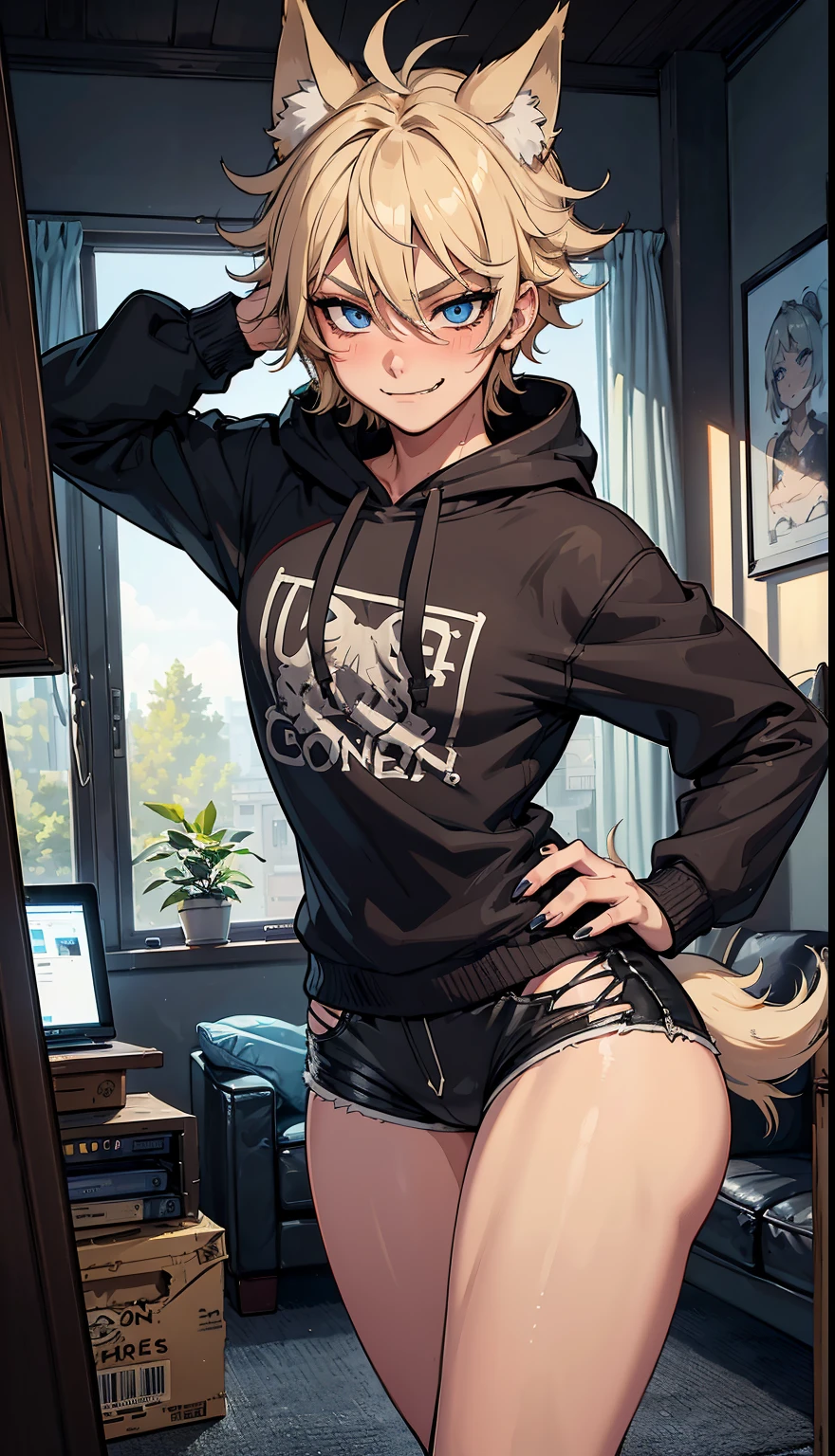 ((1boy)), blue eyes, (messy blonde hair), close up view, wolf ears, wolf tail, black hoodie, black booty shorts, slim waist, big thighs, looking at viewer, fangs, living room, sharp nails, ultra masterpiece, HD, young, twink, wide hips, blush, big butt, bulge, smug, smile,