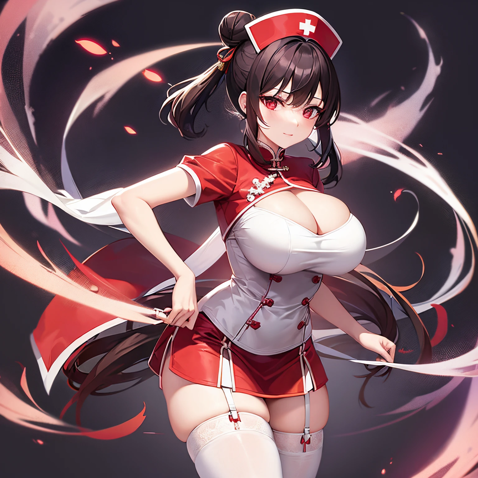 Chinese woman alone // hair in bun // red eyes // nurse // fire magic // big boobs // full body // maximum quality // nurse hat // cleavage // white pantyhose lingerie with garter belt // skirt