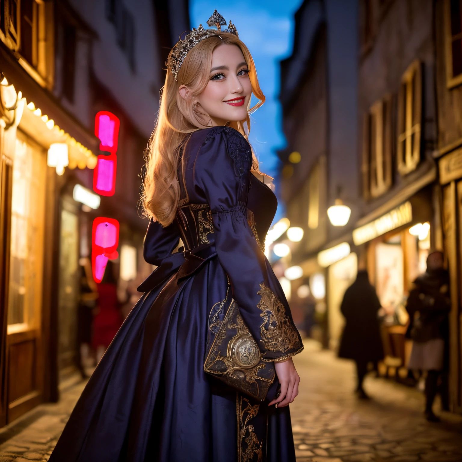 ((top-quality、masutepiece、8K、Top image quality、Highly complex and detailed depictions))、(Photos of the majestic and most beautiful goddesses of France:1.3)、Luxury red-light district of medieval France、(The most luxurious and intricate goddess costumes:1.3)、(The most extravagant and majestic goddess huge gorgeous costume:1.3)、((The most gorgeous French goddess costume、The most extravagant and lewd red-light district、An unimaginably huge entertainment district、A very luxurious and obscene red-light district in medieval France、A huge red light district at midnight in medieval France、Very complex decoration)、(View me、Bewitching smile、long eyelashes、Perfect makeup、lipsticks、A slight smil)、(perfect anatomia:1.2)、(blurry backround:1.1)、(Portrait photos:1.2)、spectacular movie lighting、(romantic mood night:1.1)、(Perfectly recreates the atmosphere of medieval France's red-light district:1.3)、(obscene entertainment district:1.1)、(Obscene mood 1.1)