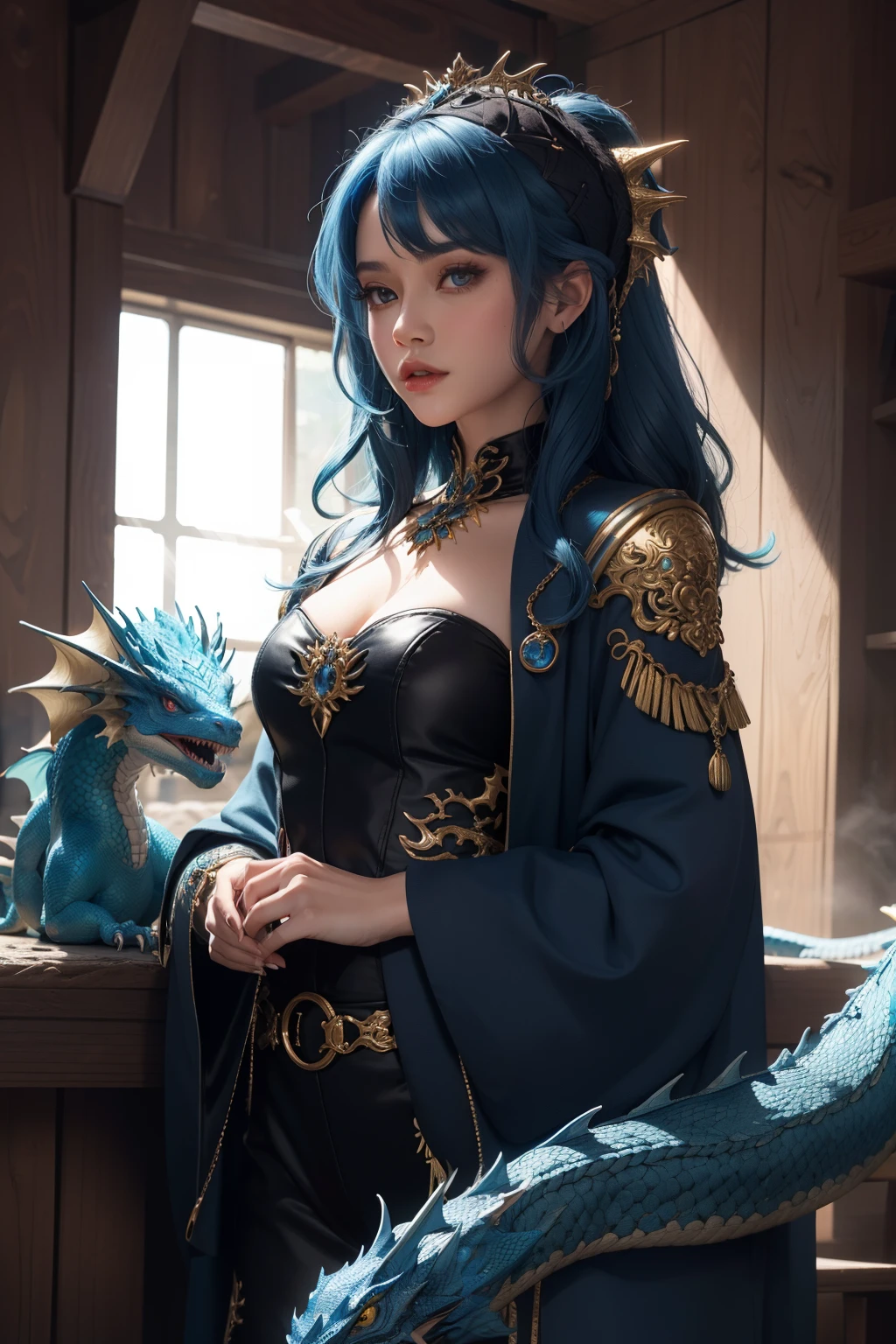 blue hair latin woman wizard with blue cute little dragon