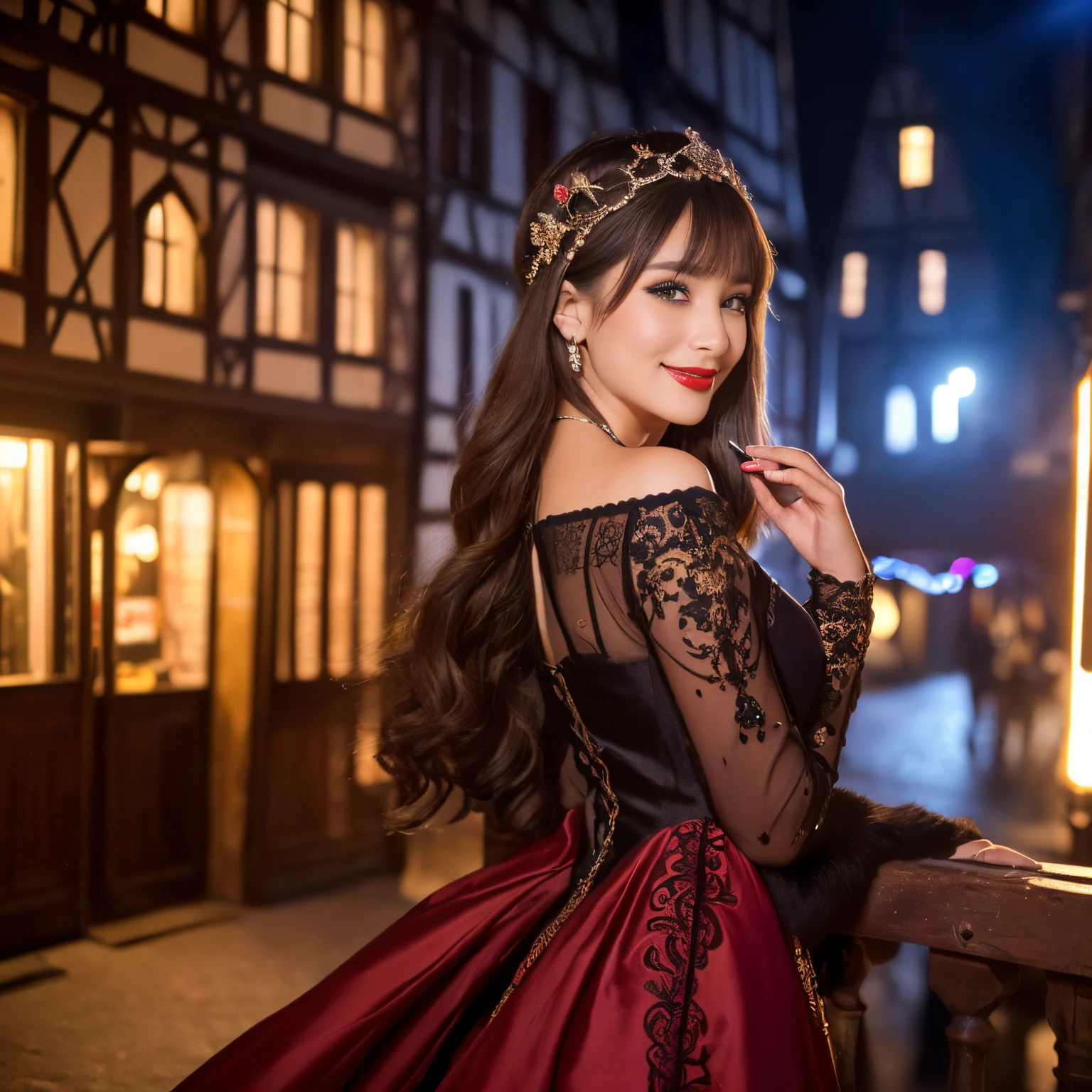 ((top-quality、masutepiece、8K、Top image quality、Highly complex and detailed depictions))、(Photos of the majestic and most beautiful goddesses of France:1.3)、Luxury red-light district of medieval France、(The most luxurious and intricate goddess costumes:1.3)、(The most extravagant and majestic goddess huge gorgeous costume:1.3)、((The most gorgeous French goddess costume、The most extravagant and lewd red-light district、An unimaginably huge entertainment district、A very luxurious and obscene red-light district in medieval France、A huge red light district at midnight in medieval France、Very complex decoration)、(View me、Bewitching smile、long eyelashes、Perfect makeup、lipsticks、A slight smil)、(perfect anatomia:1.2)、(blurry backround:1.1)、(Portrait photos:1.2)、spectacular movie lighting、(romantic mood night:1.1)、(Perfectly recreates the atmosphere of medieval France&#39;s red-light district:1.3)、(obscene entertainment district:1.1)、(Obscene mood 1.1)