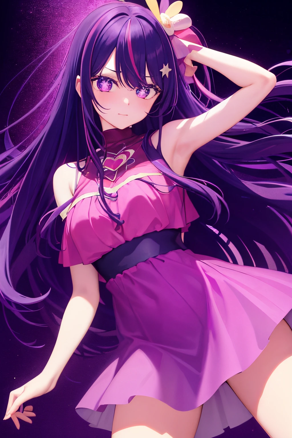Hoshino Ai, Long hair, purple hair, Streaked Hair ,violet eyes, star-shaped pupils, hair ornament, (beautiful purple tight dress with glitter), erotic female pose, open shoulders, gaze at the viewer