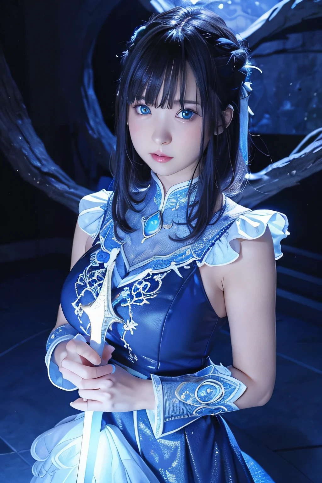 dark cave background、Watery blue eyes that glow in the dark、
((​masterpiece))、((top-quality))、beautiful girl with a cold face、Holds up a sword that emits blue light