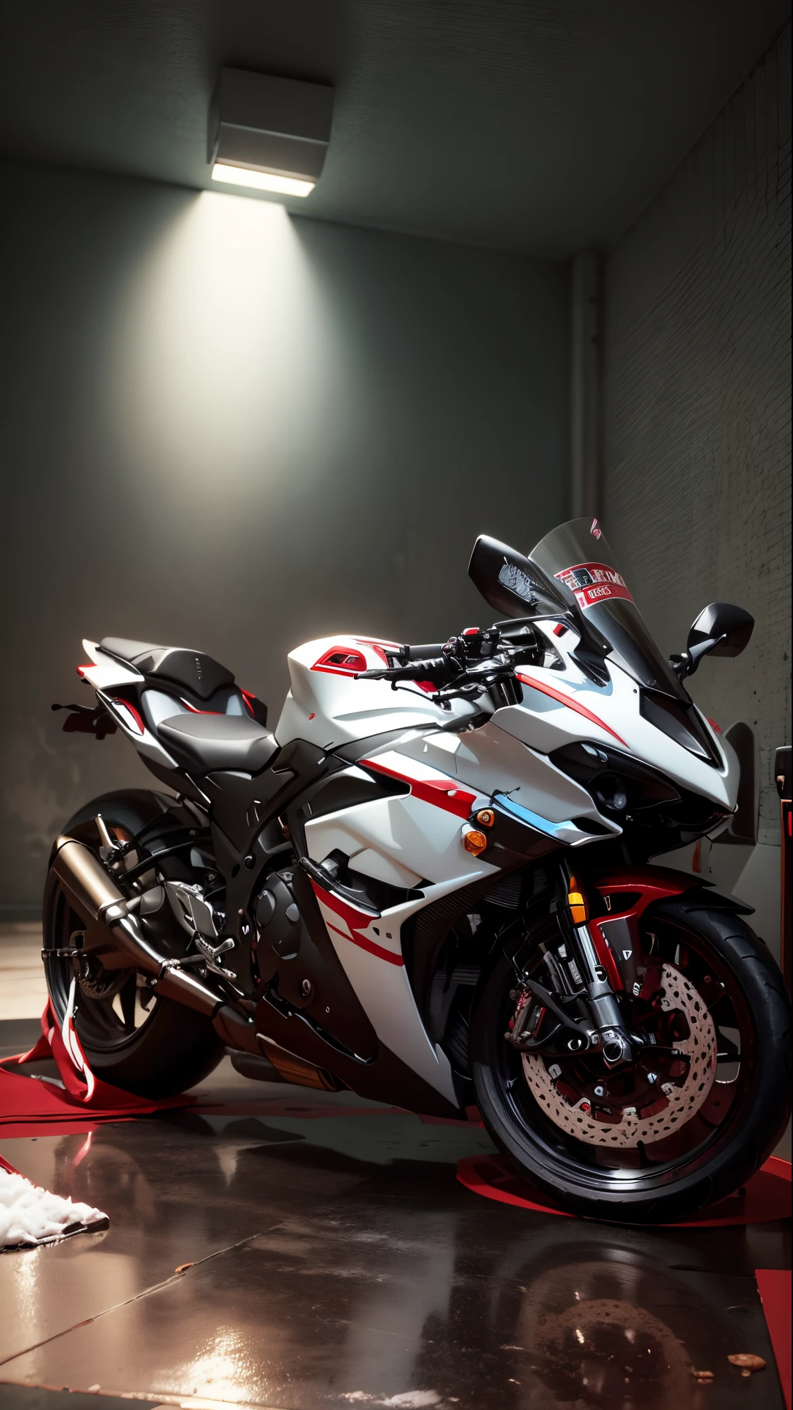 motorcycle parked in a room with a white and red rug on the floor, r6, front profile, front side full, side front view, front profile!!!!, f 3 2, f32, taken with sony a7r camera, full front view, yoshimura exhaust, front shot, front perspective, front profile shot, front side view, front side