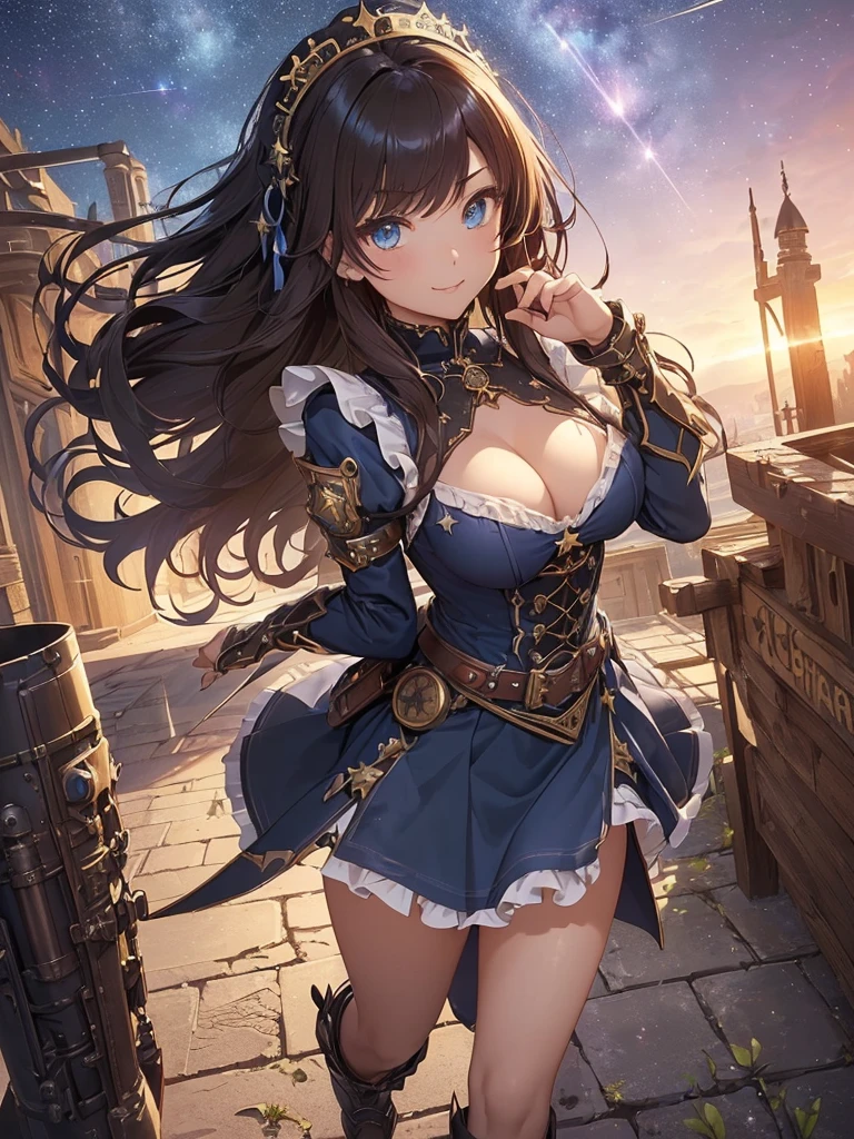 top-quality、Top image quality、masterpiece、Beautiful Gothic girl((20yr old、Best Bust、big bast、Bust 90,Beautiful blue eyes、,Brown hair long hair、A slender、a closeup、Hold a steampunk cannon、glowing sword in hand、Cool pose、fight、Esbian、Gothic Maid costume、beautiful apron、hiquality、Beautiful Art、Background with((starrysky)))masutepiece、visualart、depth of fields、low angle of morning sky、、、🎵、Happy smile、Gentle light、、Beautiful skins、beutiful breast、beautiful foot、、accurate fingers、Exact finger count、nffsw、steampunc、Lots of gears、Majestic nature、Artistically、gothic magic、action scene、huge robot、Great angle、Battle Scenes、steampunk fantasy、必殺技❗️強力な一撃!!Kime Pose!
