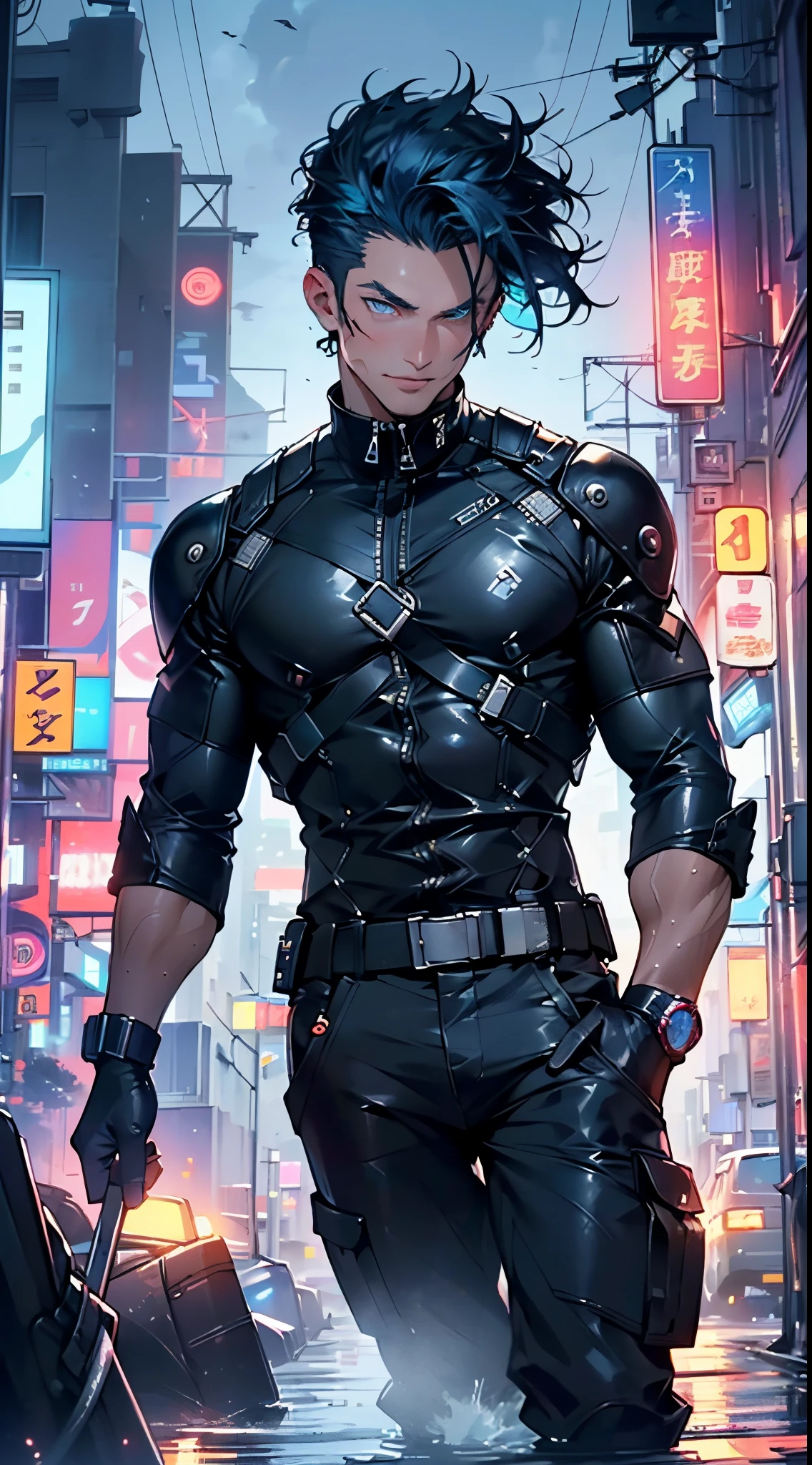 bounty hunter man,(((1man))),((anime man walking down the street)),
(((1male,man,handsome man,male,male gender,male focus))),
((medium black hair,disheveled hair,blue hair,black hair,two-tone hair)),(((lustrous skin:1.5,tanned skin,bright skin: 1.5,skin tanned,shiny skin,very shiny skin,shiny body))),((detailed eyes,perfect eyes,rainbow glows ultra-detailed orange brown eyes:1.1,gradient eyes:1,finely detailed beautiful eyes:1,symmetrical eyes:1,big highlight on eyes:1.2)),man chest,handsome face,((muscular,hairy body,muscular man)),((hand consists of a short thumb and four fingers,a hand with only five fingers,(detailed face))),
alluring look,nsfw,
bounty hunter pants,((bulge in pants)),((bounty hunter outfit)),(wearing a bounty hunter outfit:1.3,bounty hunter clothes),(detailed outfit,detailed clothes),
(dynamic pose:1.0),solo focus,((evil smile,evil look)),centered,scale to fit dimensions,Rule of thirds,
outdoors,((night view)),(cyberpunk night street Background: 1.5,dark sky,alleyway,lonely alley,thick clouds,detailed background:1.25),
(best quality),(high resolution),(sharp focus),(ultra detailed),(extremely detailed),(extremely high quality artwork),8k_wallpaper,(extremely detailed CG 8k),(very fine 8K CG),((hyper super ultra detailed perfect piece)),flawless,(((masterpiece))),illustration,vibrant colors,(intricate),High contrast,Selective lighting,Double exposure,HDR (High Dynamic Range),Post-processing,Background blur,