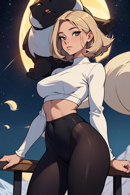 beautiful woman with beautiful thighs wearing black tights,saia curta e sueter branco apertado,ceu estrelado a noite em com predios de fundo eluminados,ela tem que esta em cima do predio,corpo inteiro na imagem,of thou art the head,super details on the hand and eyes,cabelos longos com orelhas de gato,ceu iliminado a noite,((corpo inteiro na foto)) salto alto nos pes