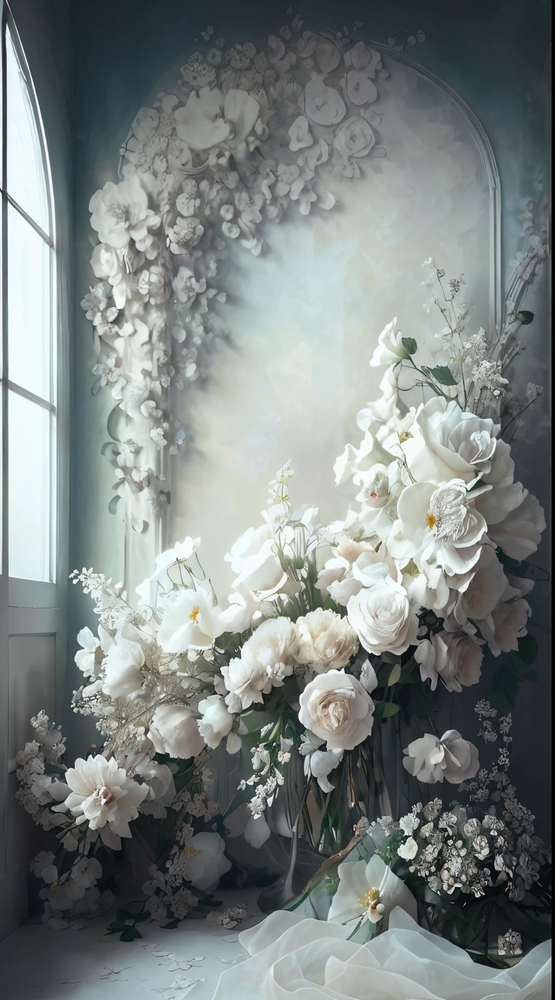 there is a large bouquet of flowers sitting in front of a window, dreamy and detailed, stunning arcanum backdrop, atmospheric beautiful details, elegant flowers, white flowers, baroque style painting backdrop, floral environment, floral painted backdrop, exquisite floral details, flowers in background, white roses, soft and intricate, dreamy and ethereal, nature and floral aesthetics