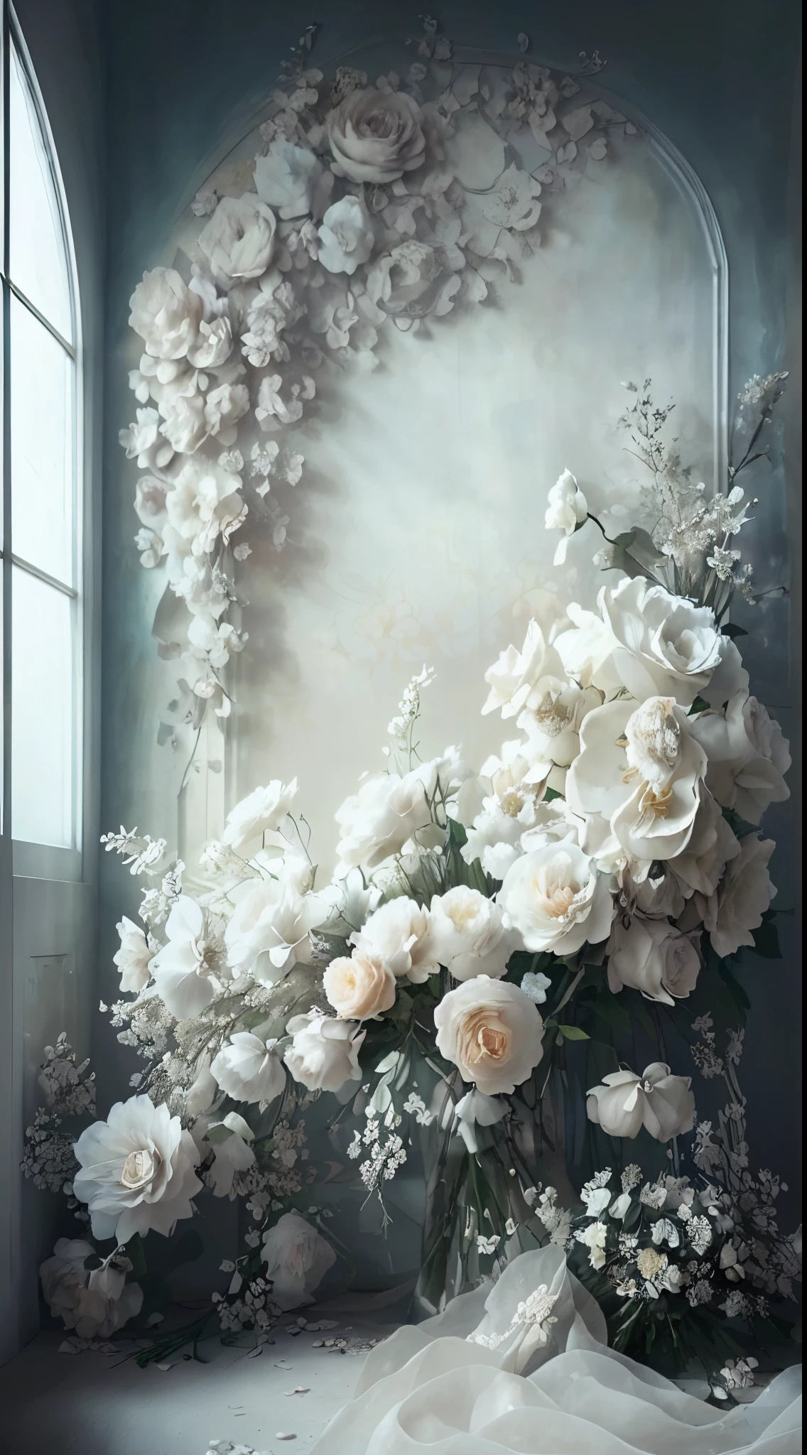 there is a large bouquet of flowers sitting in front of a window, dreamy and detailed, stunning arcanum backdrop, atmospheric beautiful details, elegant flowers, white flowers, baroque style painting backdrop, floral environment, floral painted backdrop, exquisite floral details, flowers in background, white roses, soft and intricate, dreamy and ethereal, nature and floral aesthetics