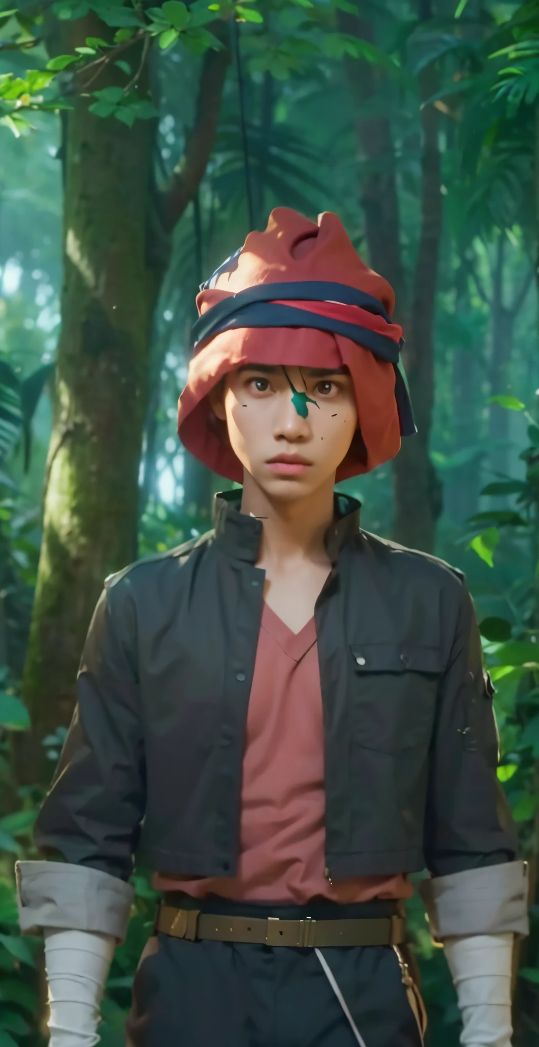 Real life adaption of this character ,teen handsome boy, Wear the same head covering , brown skin, angry expression,(realistic same outfit),realistic jungle background , realistic light, realistic shadow, realism, hyper realistic,(photorealistic:1.2), normal small eyes
